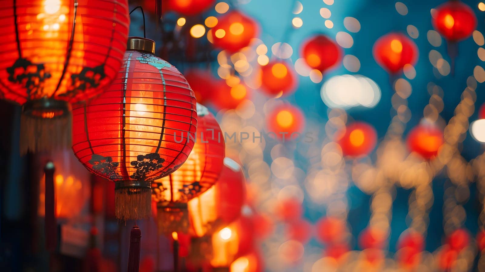 Chinese red lantern at night, Chinese New Year, generative ai. High quality photo