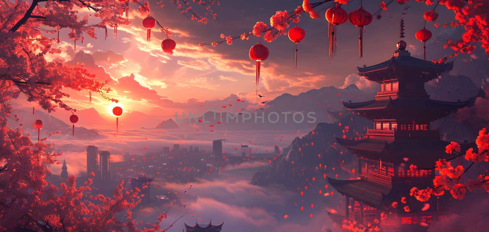 Chinese traditional new year landscape with temple and red lanterns, generative ai by Chechotkin