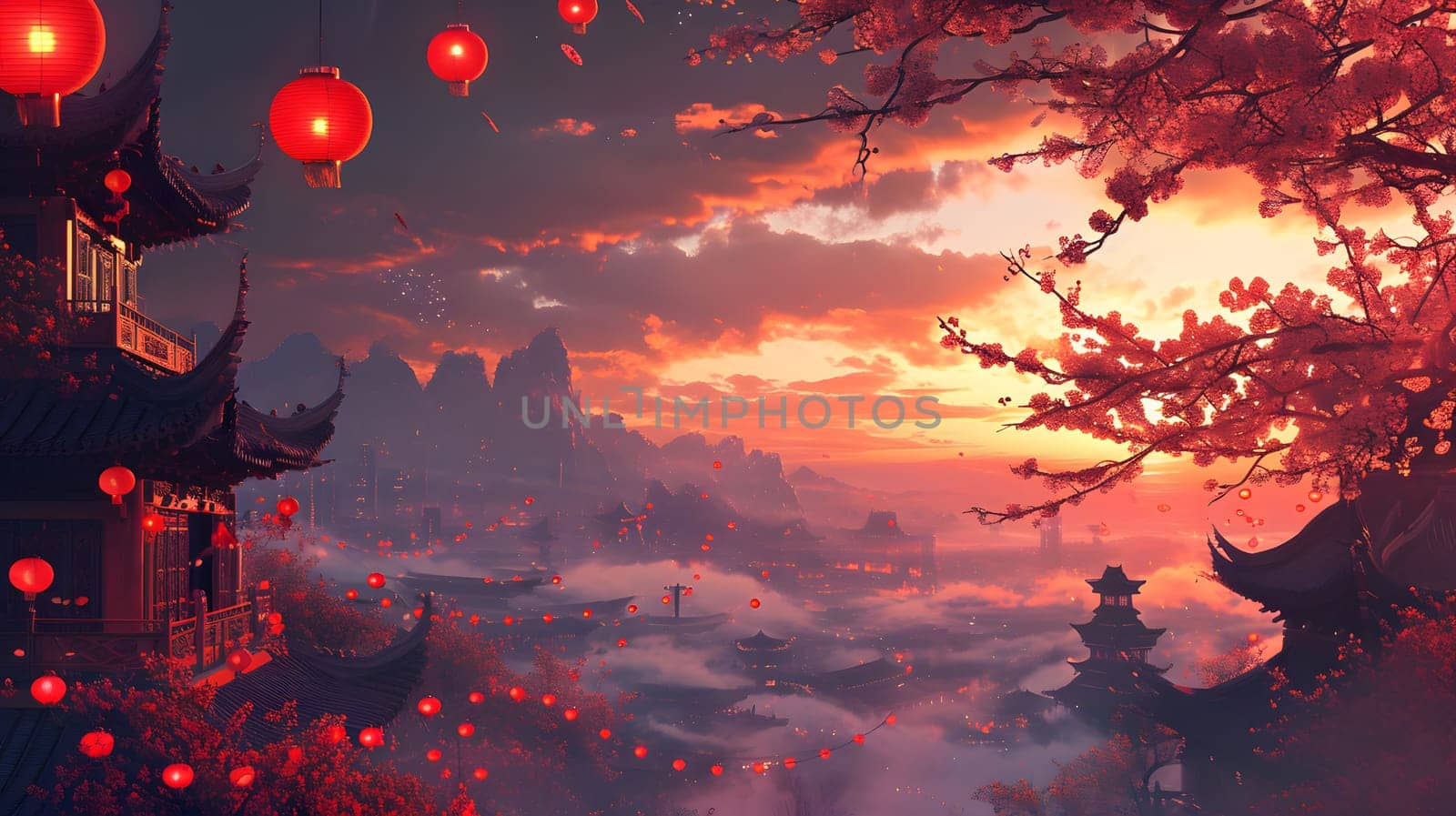 Chinese traditional new year landscape with temple and red lanterns, generative ai. High quality photo