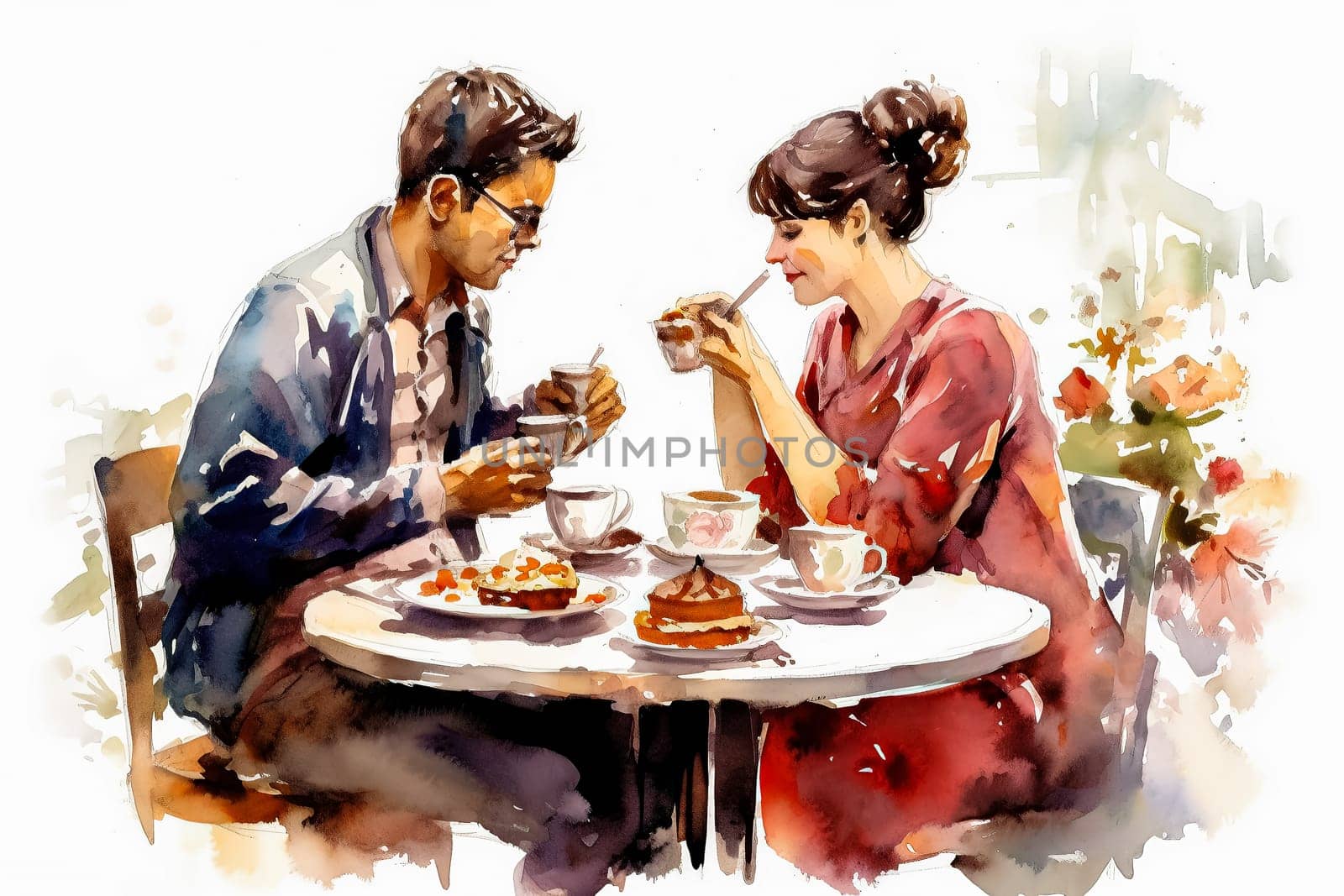 a watercolor illustration portrays a couple in love having breakfast in a charming cafe. by Alla_Morozova93