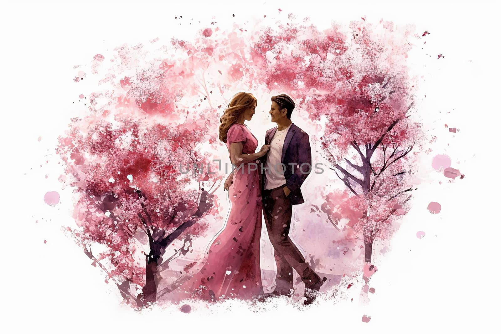 Celebrate loves journey with a watercolor illustration of a couple strolling in nature. The art beautifully captures the essence of their romantic connection.