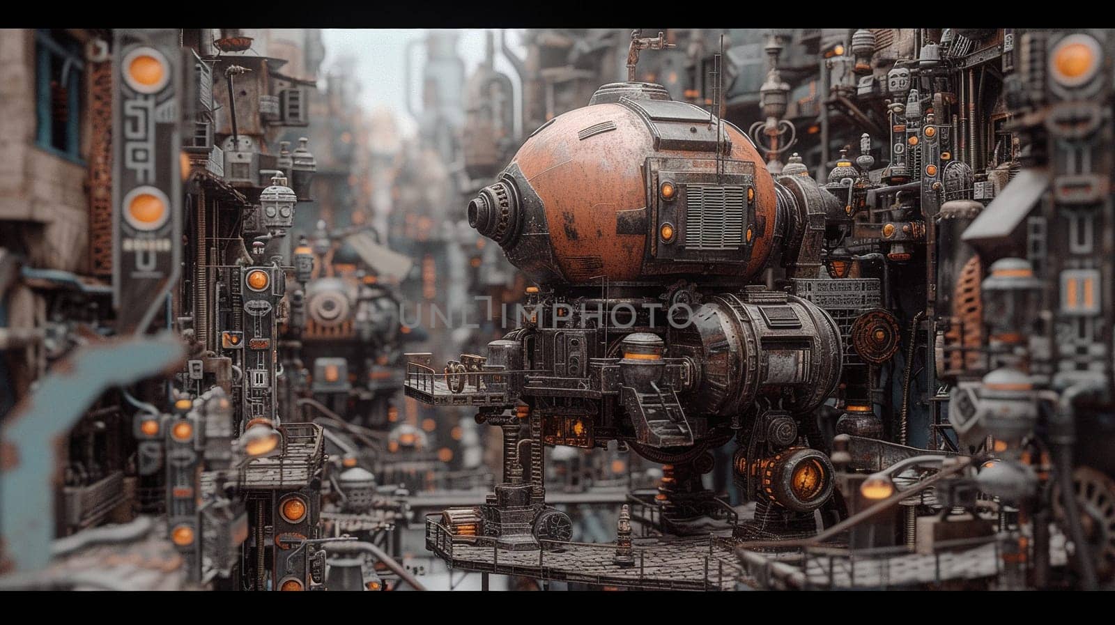 Steampunk city streets with mechanisms and clocks. High quality illustration