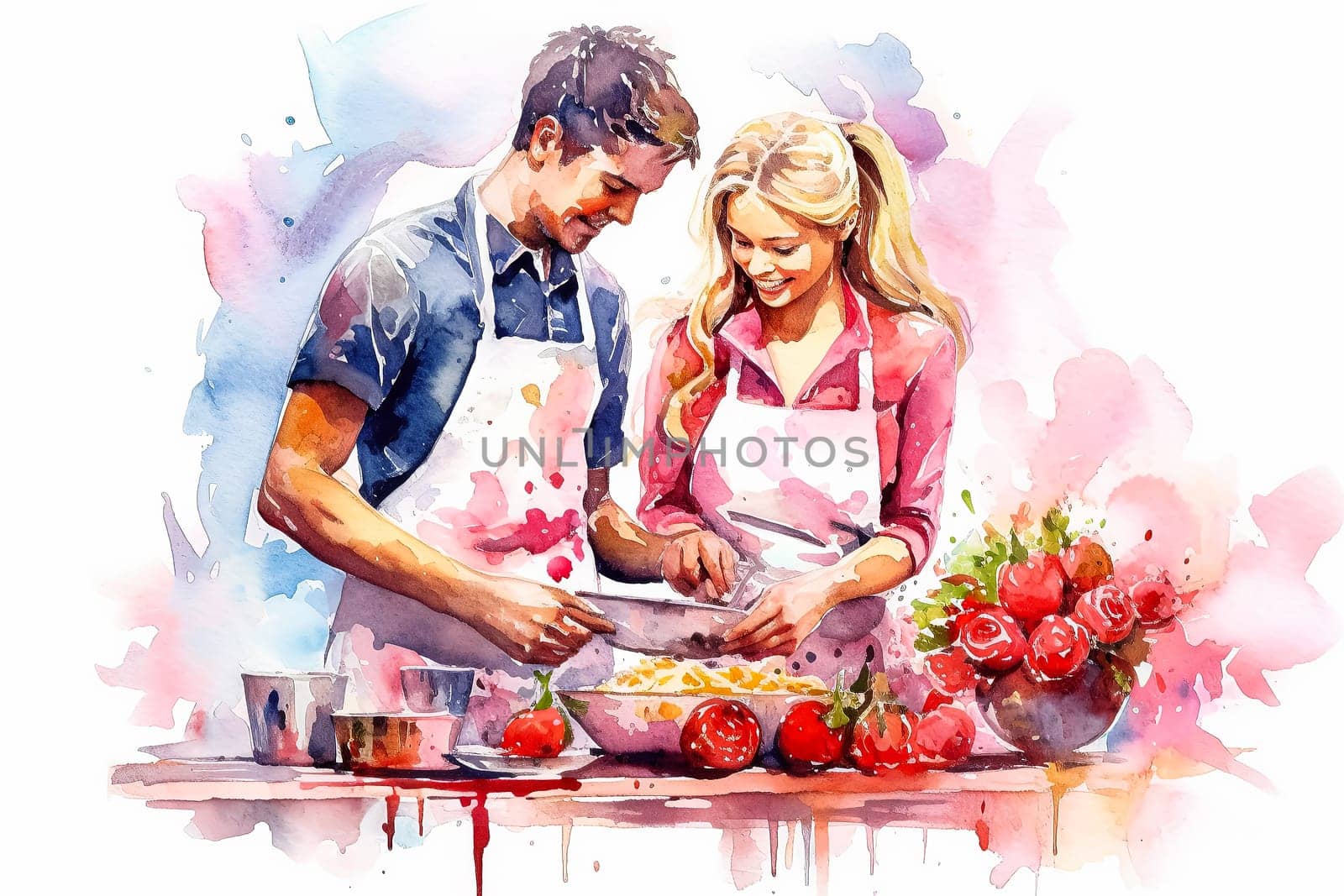 Celebrate love in the kitchen with a watercolor illustration of a couple preparing food together. This art beautifully captures the essence of a romantic date.