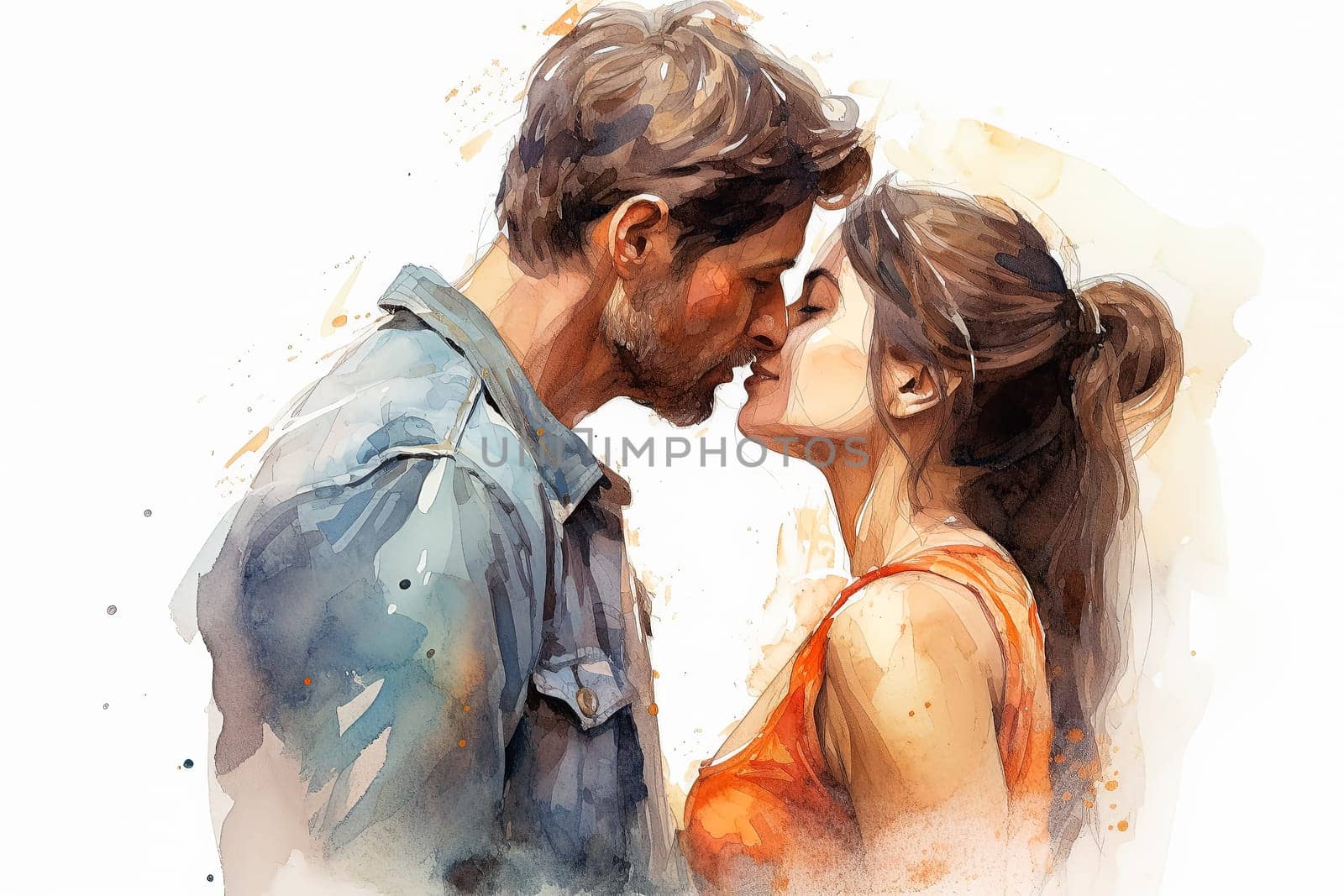 Evoke romance with a watercolor illustration portraying a couple kissing against a backdrop of flowers. The art captures the essence of a romantic and intimate date.