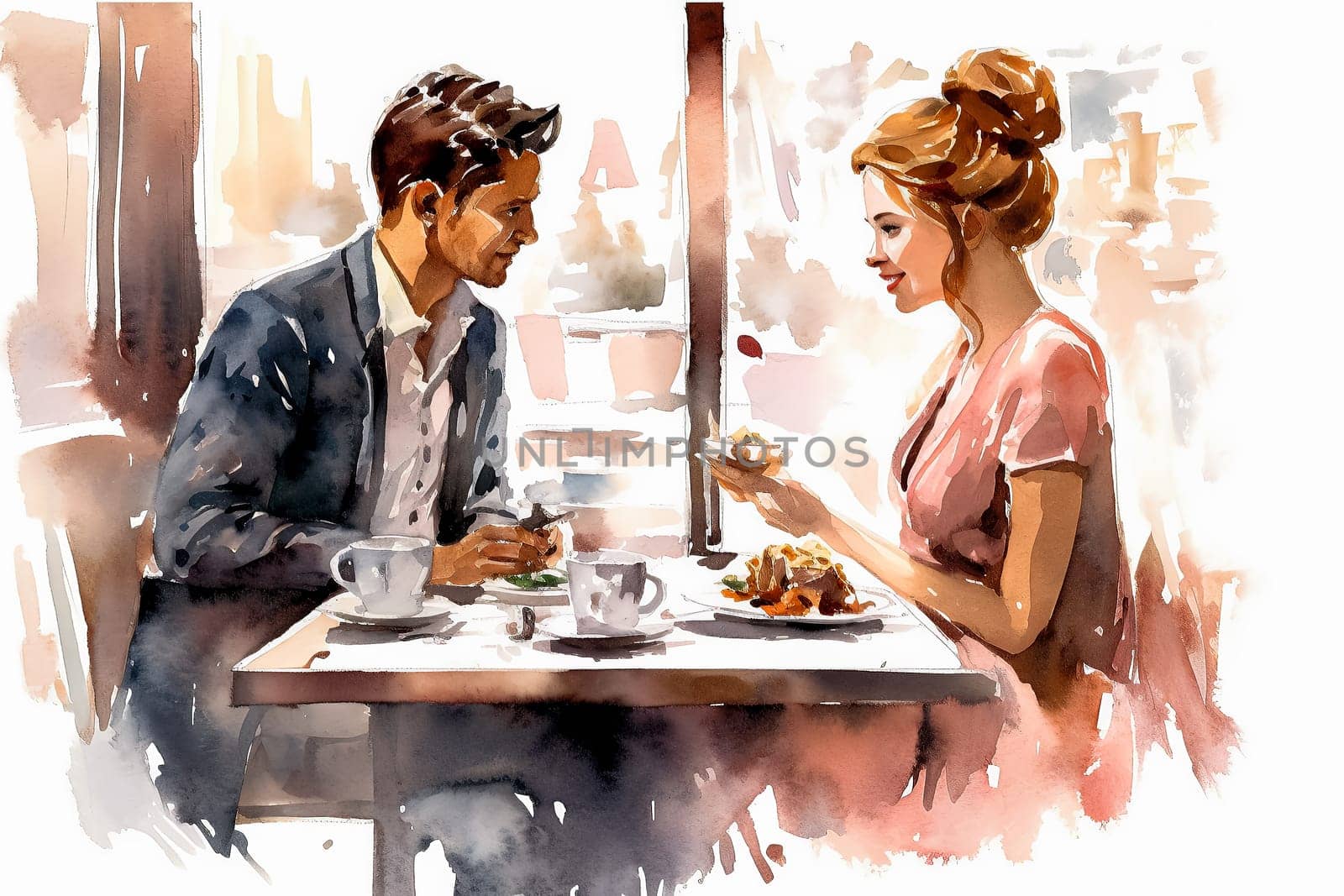 Indulge in a romantic date as a watercolor illustration portrays a couple in love having breakfast in a charming cafe. The art captures the essence of togetherness.