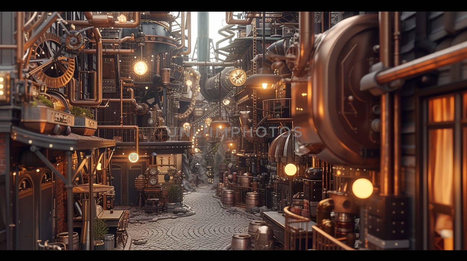 Steampunk city streets with mechanisms and clocks. High quality illustration