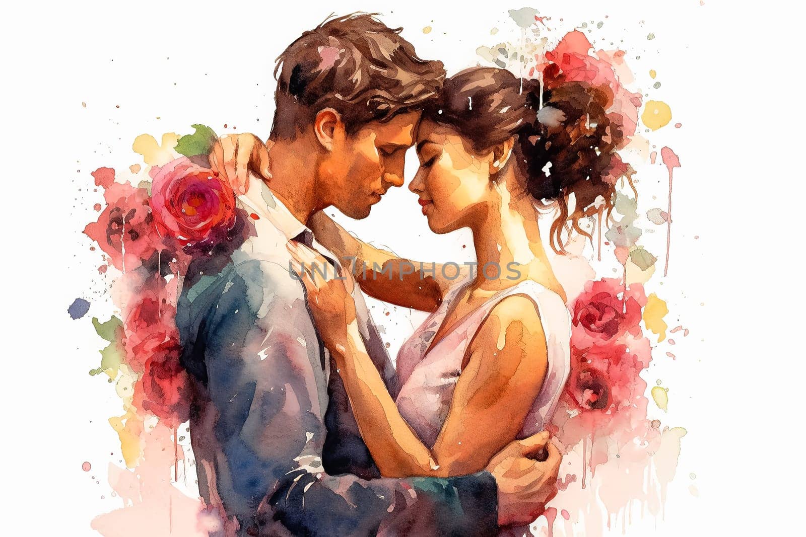 Celebrate the union of love with a watercolor illustration capturing the essence of a newlywed couple, radiating joy and romance on their wedding day.