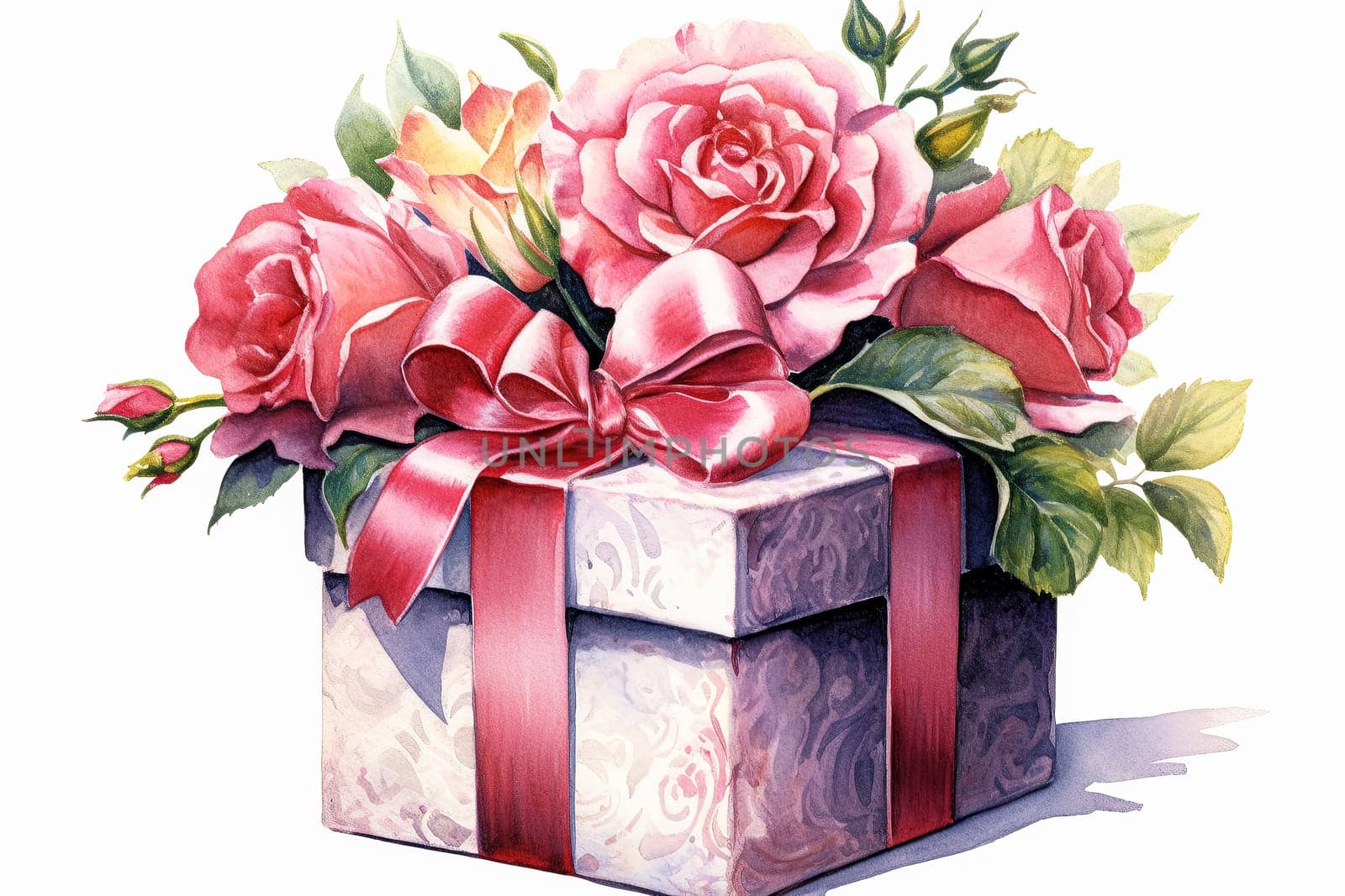 Cherish the sentiment of love with a watercolor illustration portraying a romantic holiday box adorned with a gift, embodying the essence of Valentines Day.