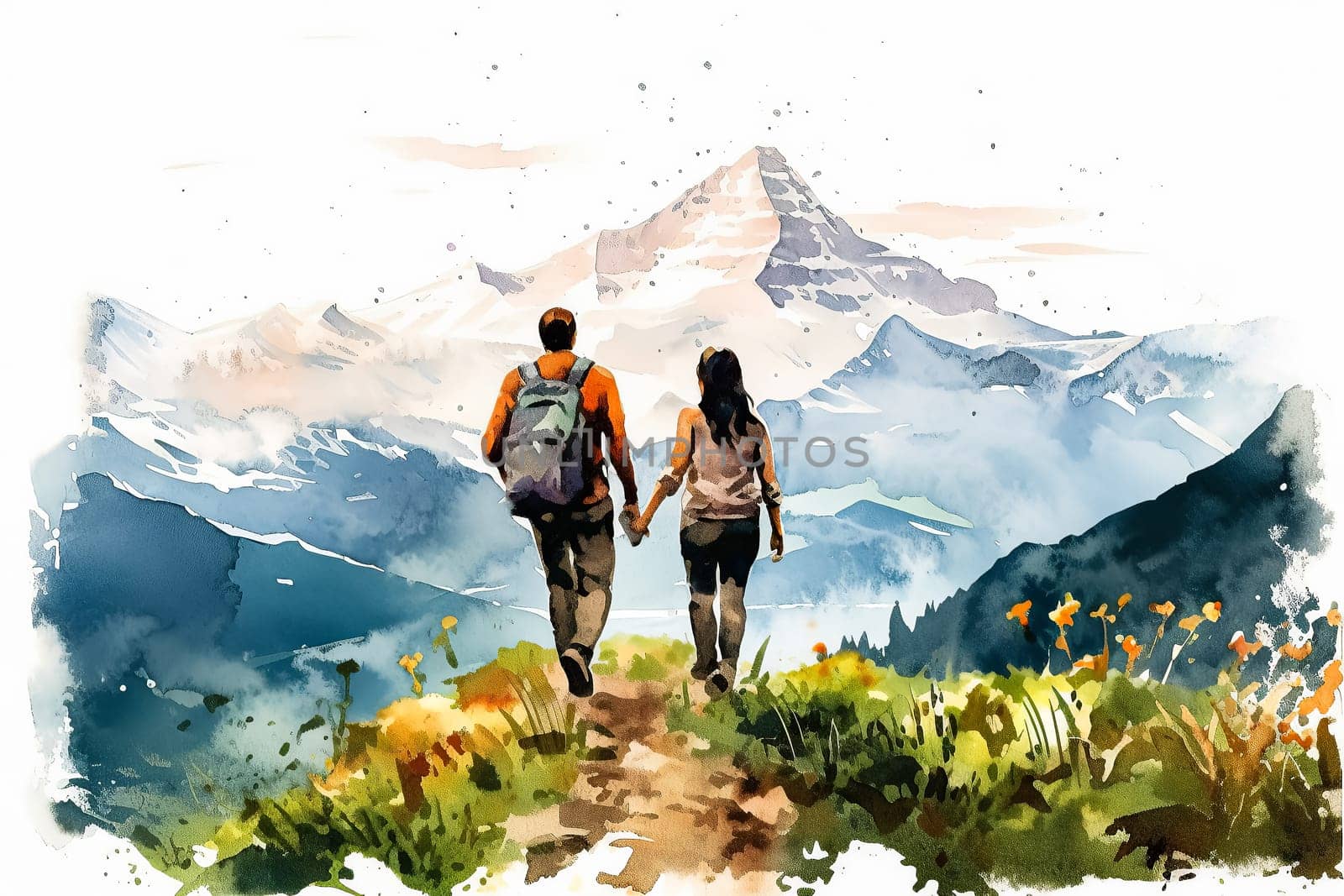Experience the serenity of love with a watercolor illustration depicting a couple in the mountains. by Alla_Morozova93