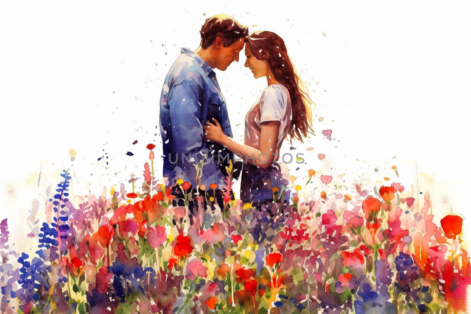 a watercolor illustration portraying a couple kissing against a backdrop of flowers. by Alla_Morozova93