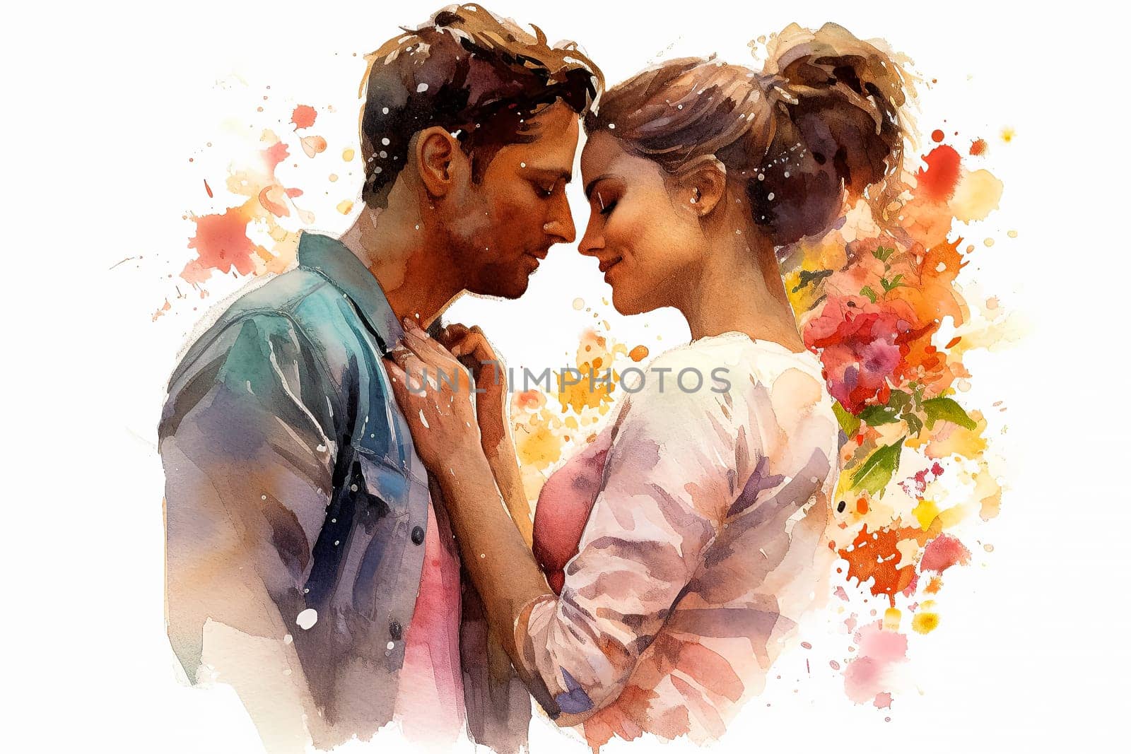 Evoke romance with a watercolor illustration portraying a couple kissing against a backdrop of flowers. The art captures the essence of a romantic and intimate date.