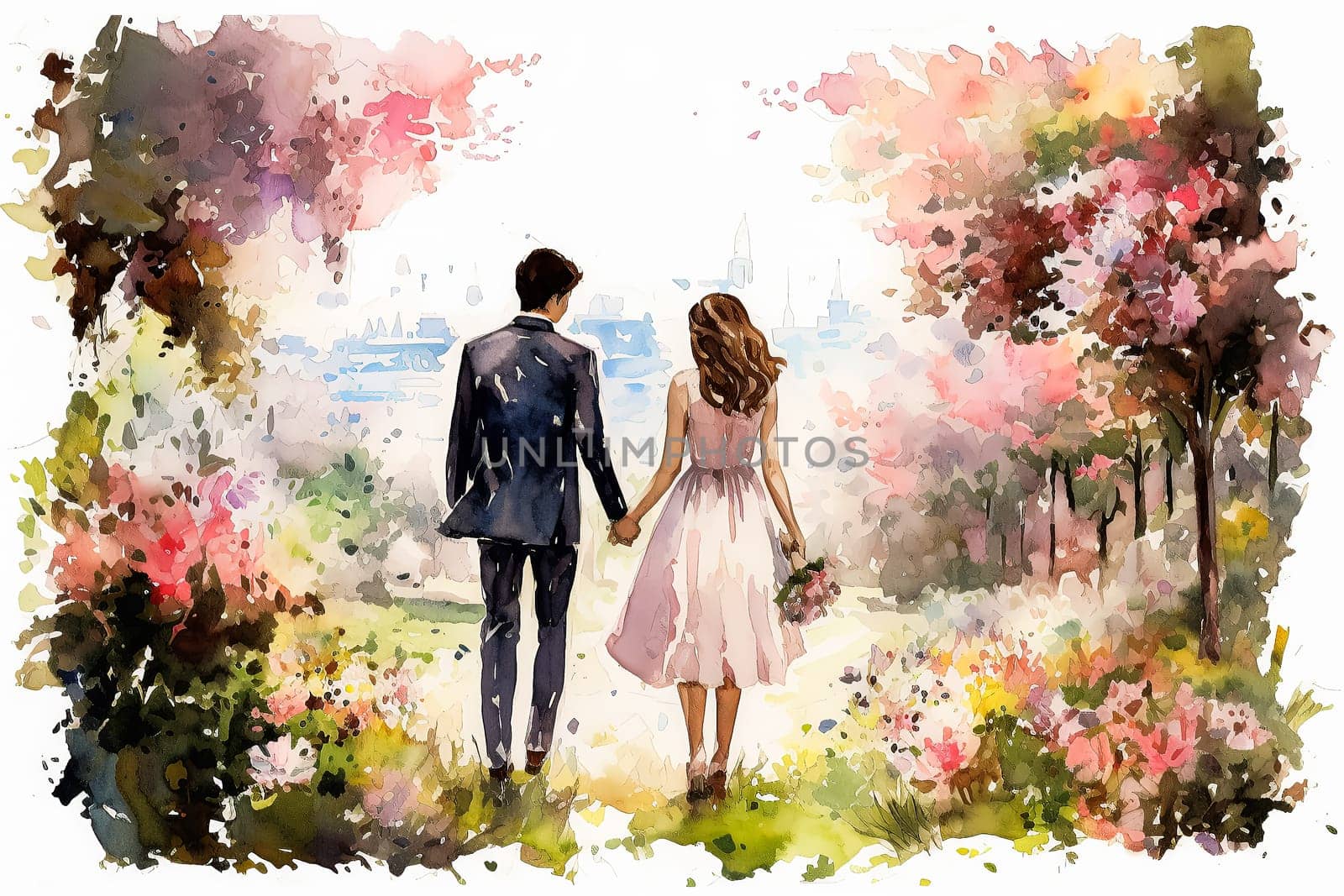 a watercolor illustration of a couple strolling in nature. by Alla_Morozova93