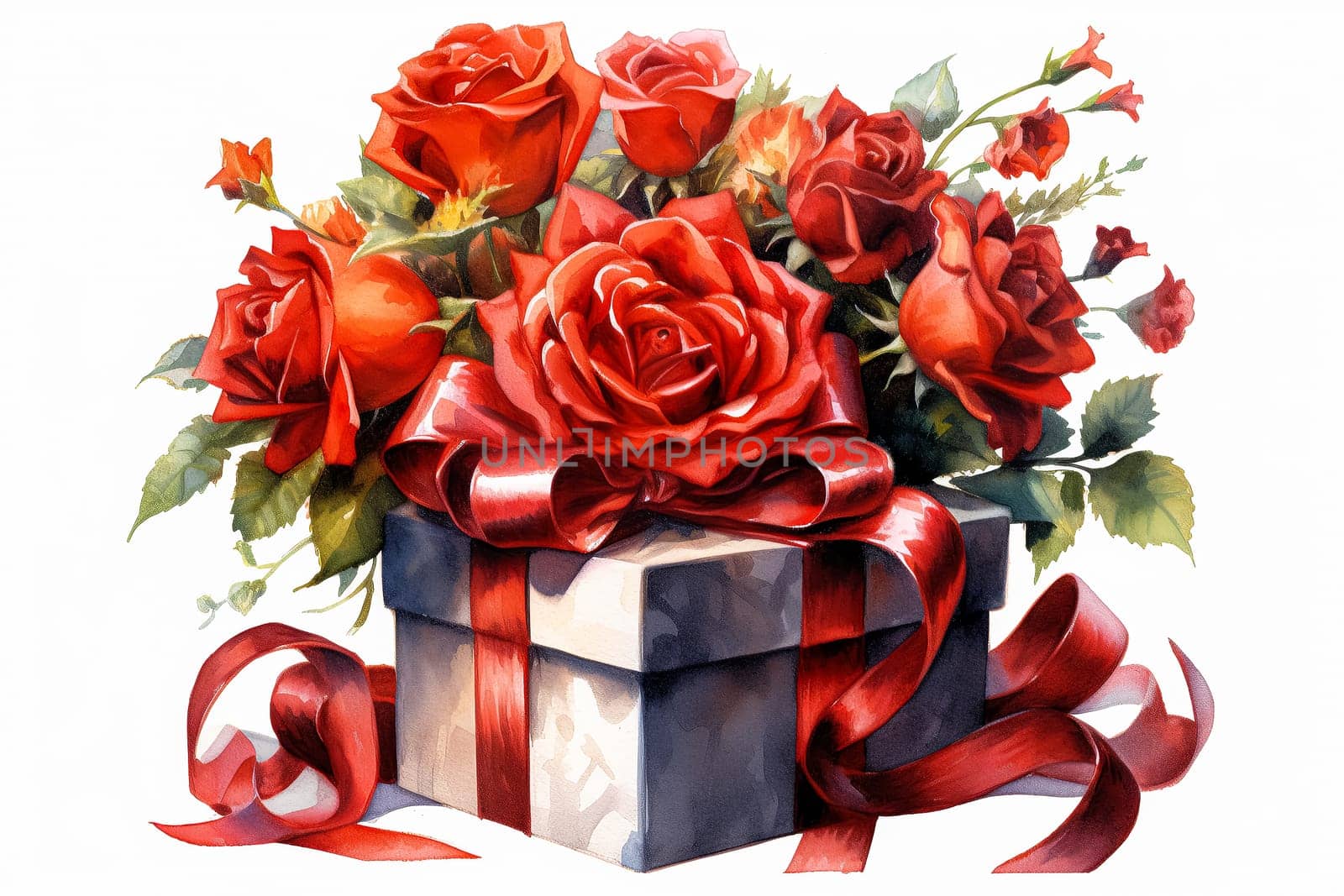 Cherish the sentiment of love with a watercolor illustration portraying a romantic holiday box adorned with a gift, embodying the essence of Valentines Day.