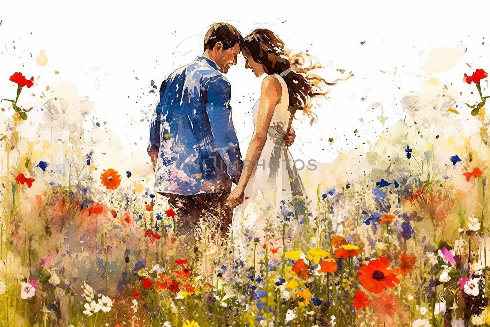 a watercolor illustration portraying a couple kissing against a backdrop of flowers. by Alla_Morozova93