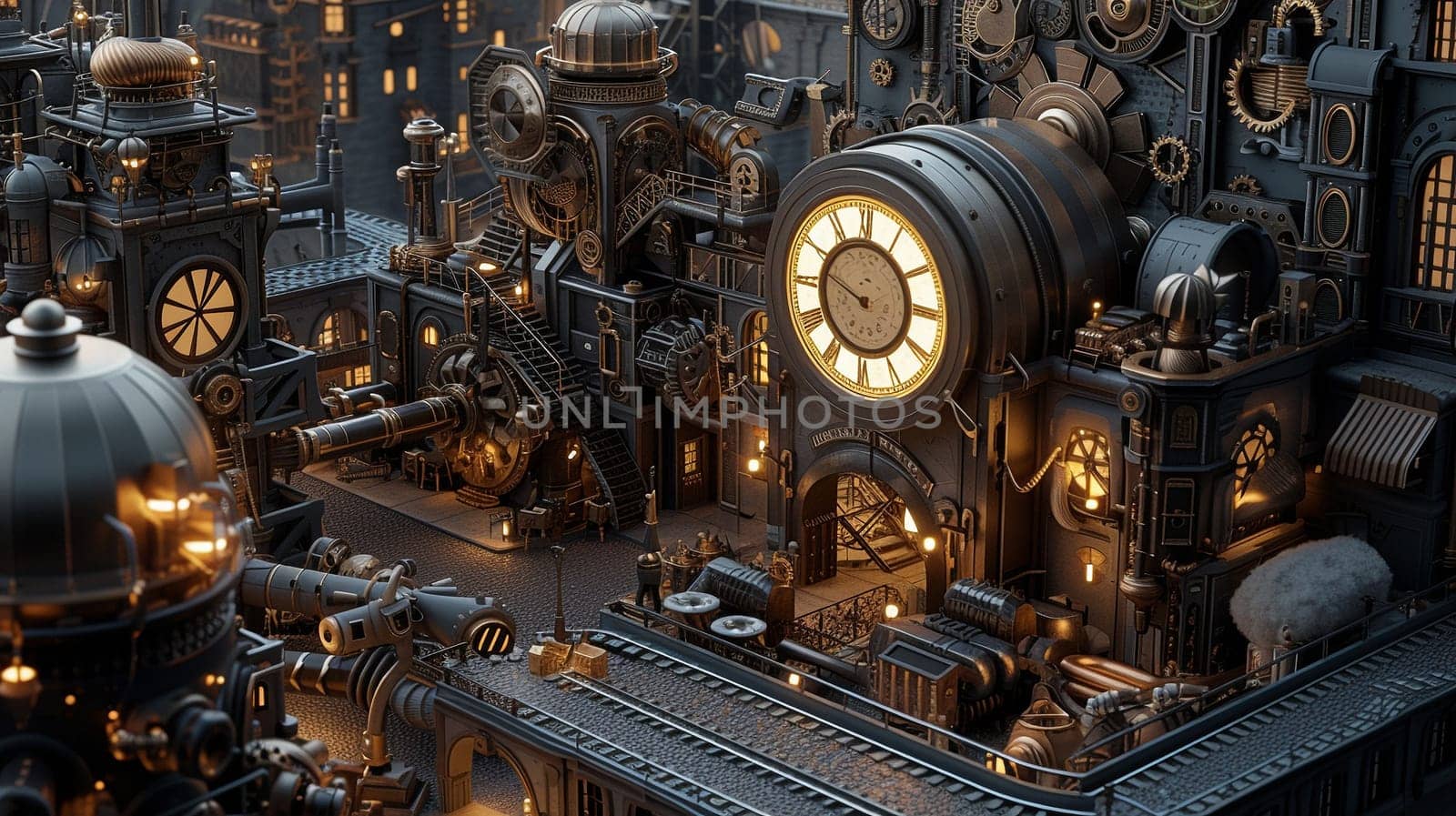Steampunk city streets with mechanisms and clocks by NeuroSky