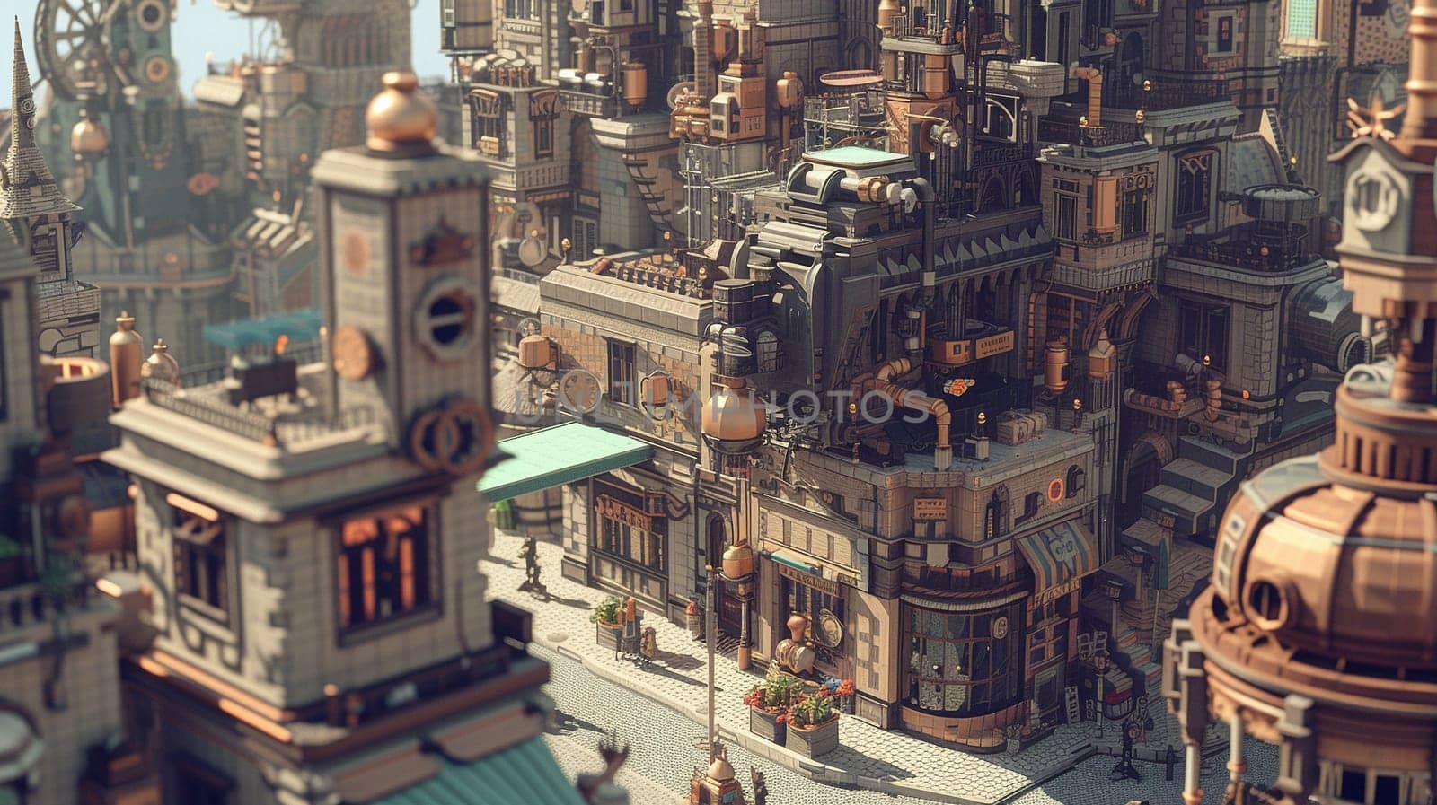 Steampunk city streets with mechanisms and clocks. High quality illustration