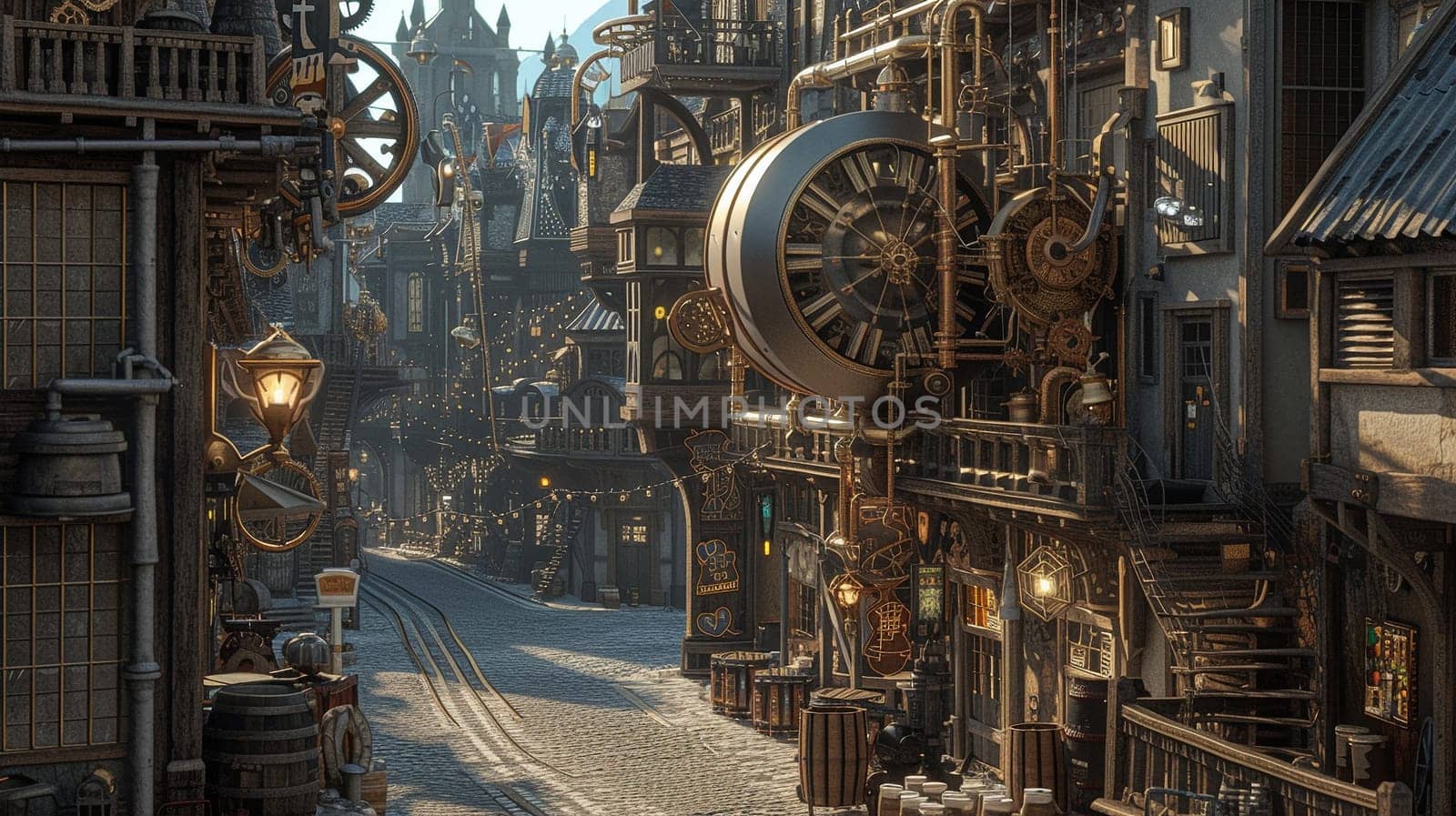 Steampunk city streets with mechanisms and clocks. High quality illustration