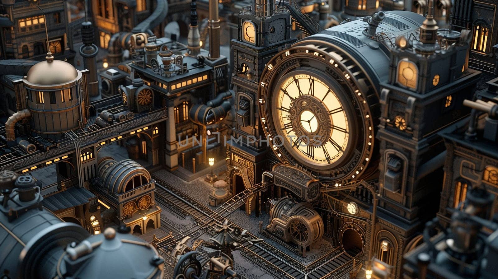 Steampunk city streets with mechanisms and clocks. High quality illustration