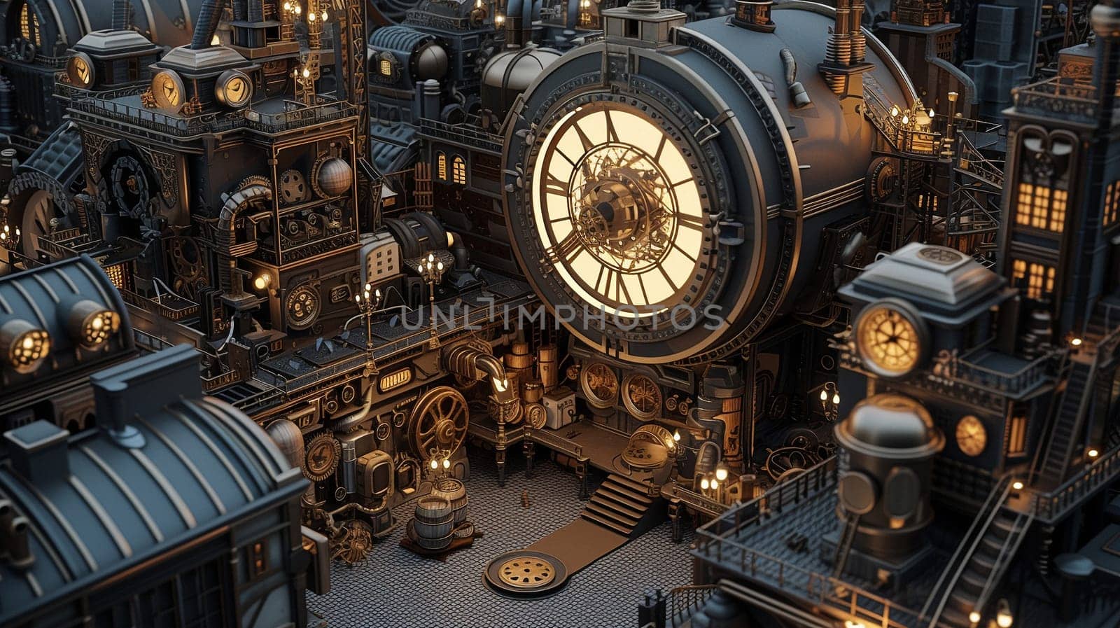 Steampunk city streets with mechanisms and clocks. High quality illustration