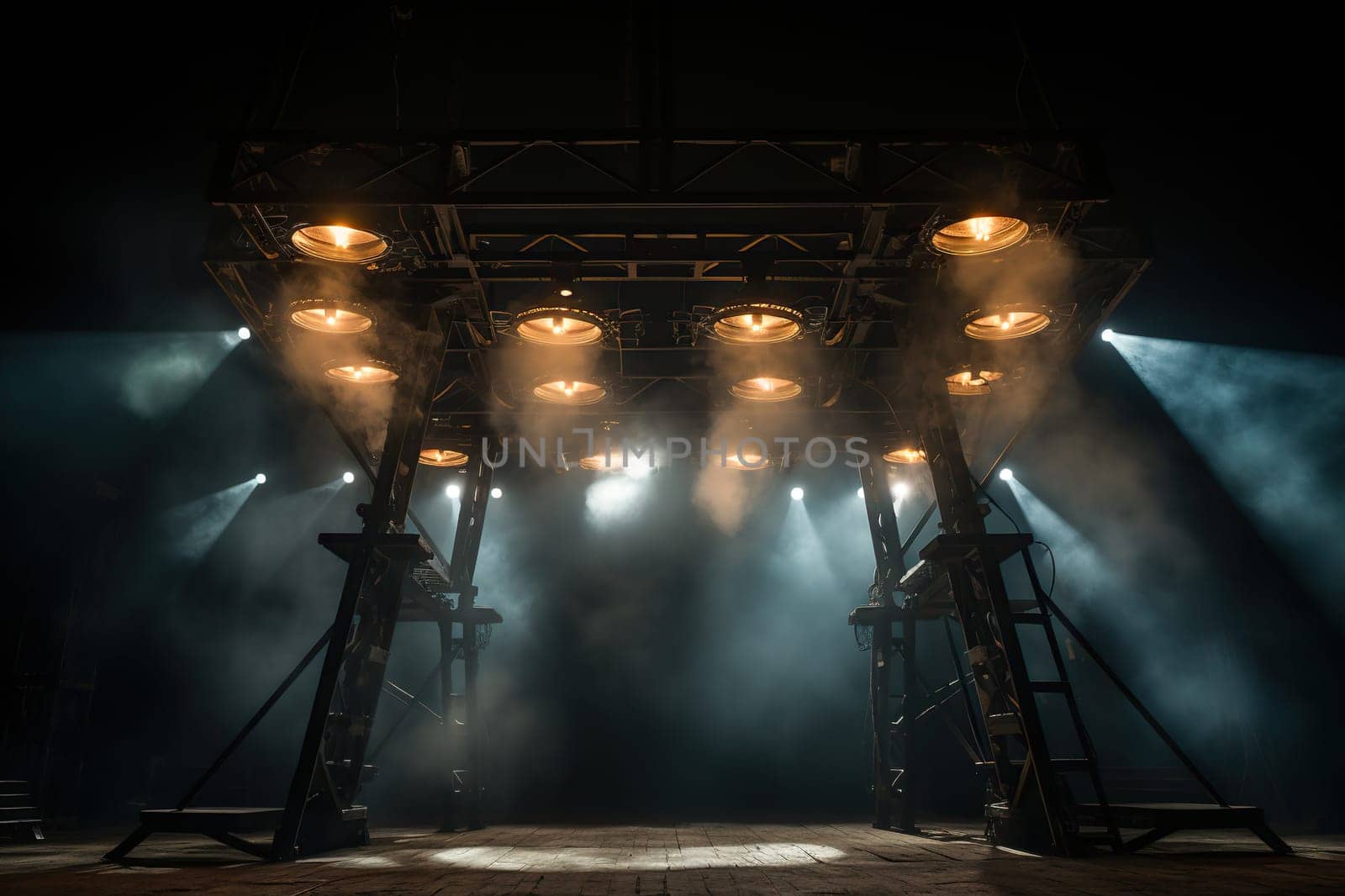 Empty concert stage in the light of spotlights.