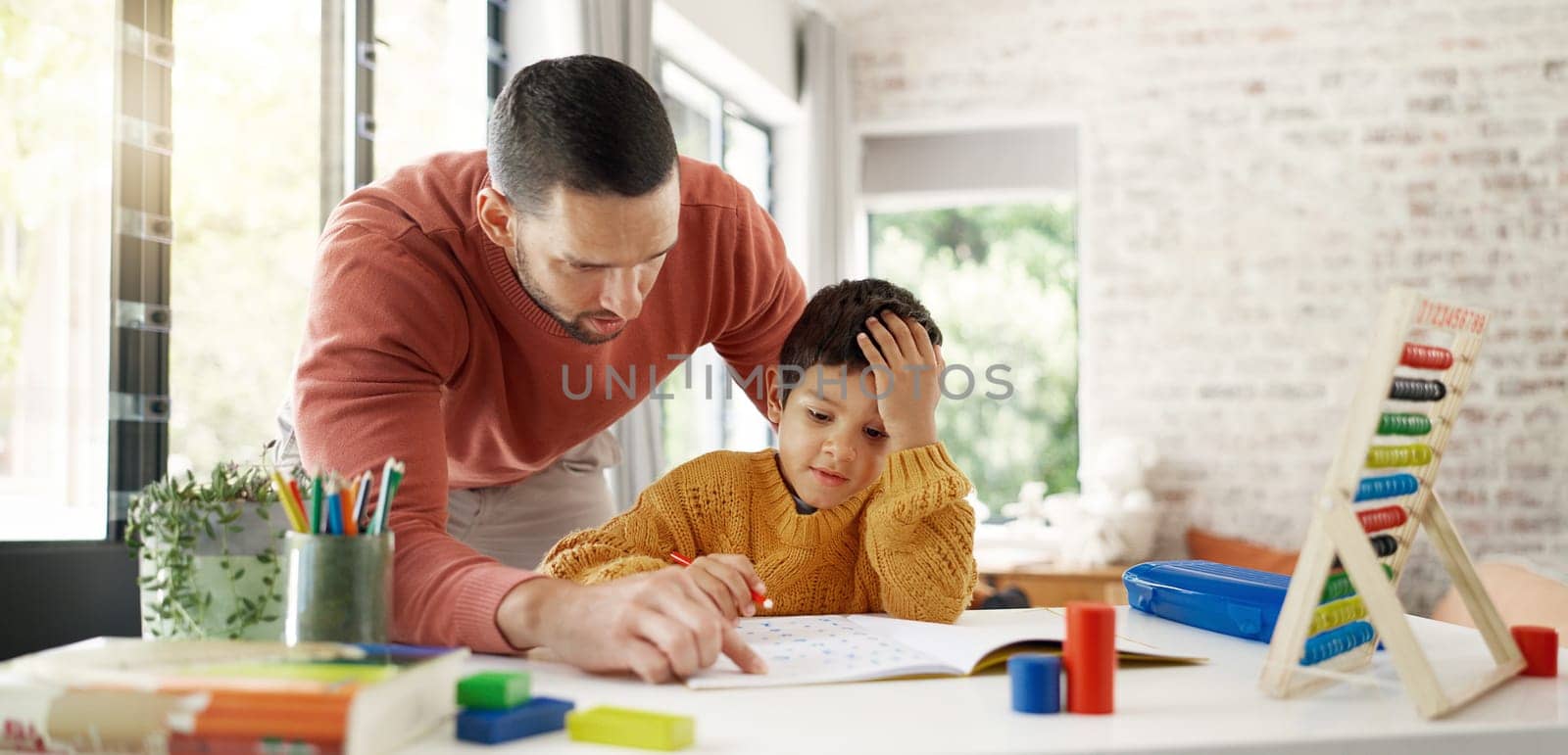 Home learning, father or kid in kindergarten studying for knowledge, education or growth development. Abacus, dad teaching or child writing, working or counting on numbers for math test in notebook.