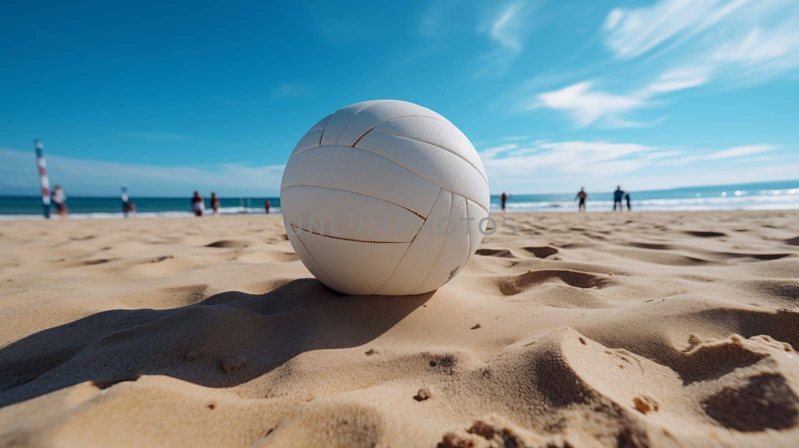 A white volleyball lies on a sandy beach with waves and beachgoers in the blurred background, under a blue sky.