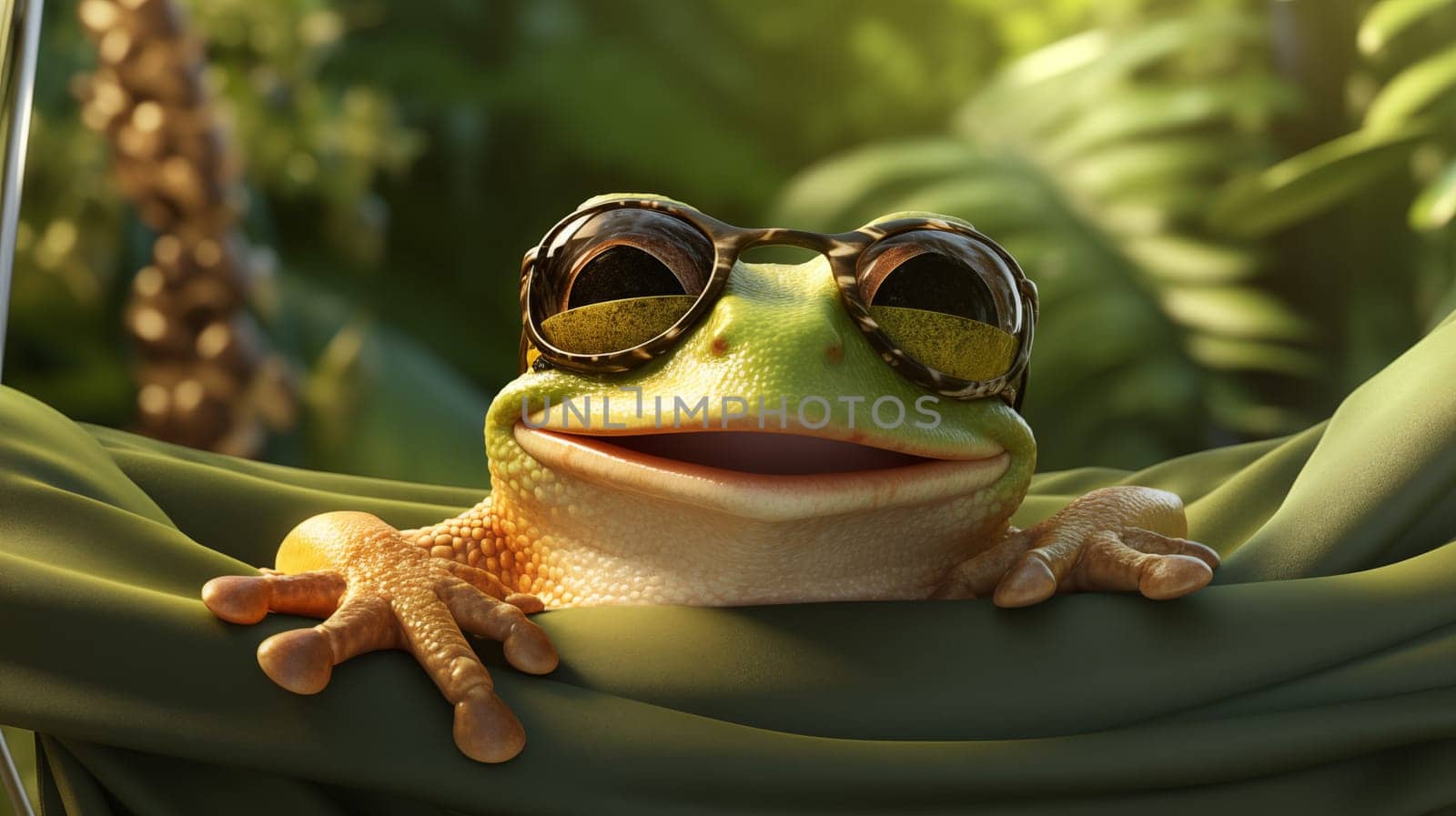 An smiling frog wearing sunglasses, casually lounging on an green hammock with a tropical backdrop.