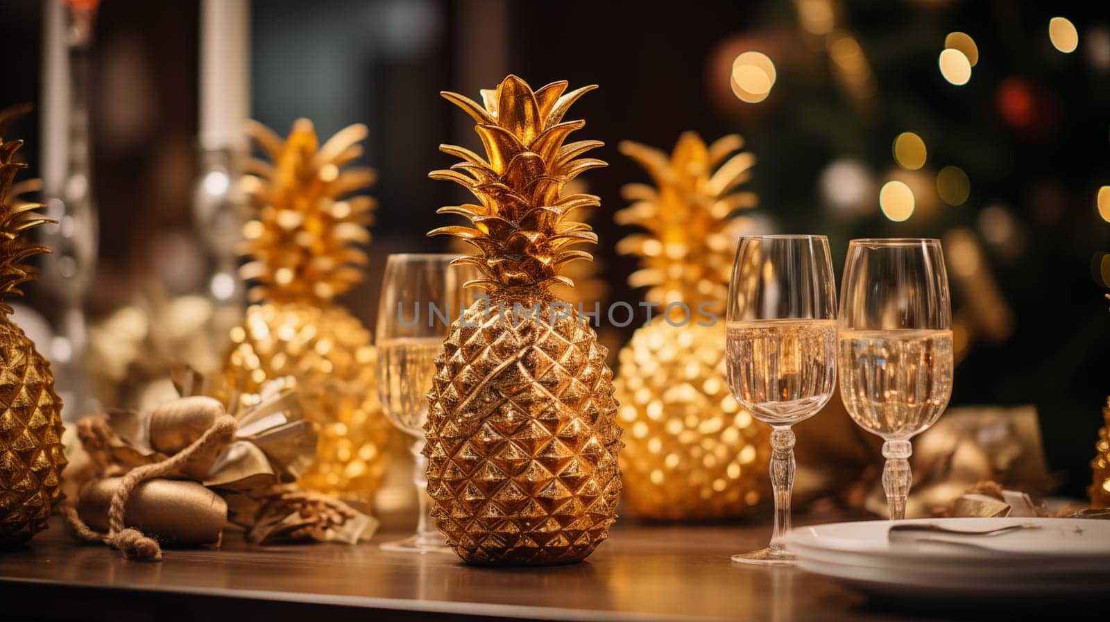several golden pineapples and glasses of champagne, stand on plates on the table, warm evening light.
