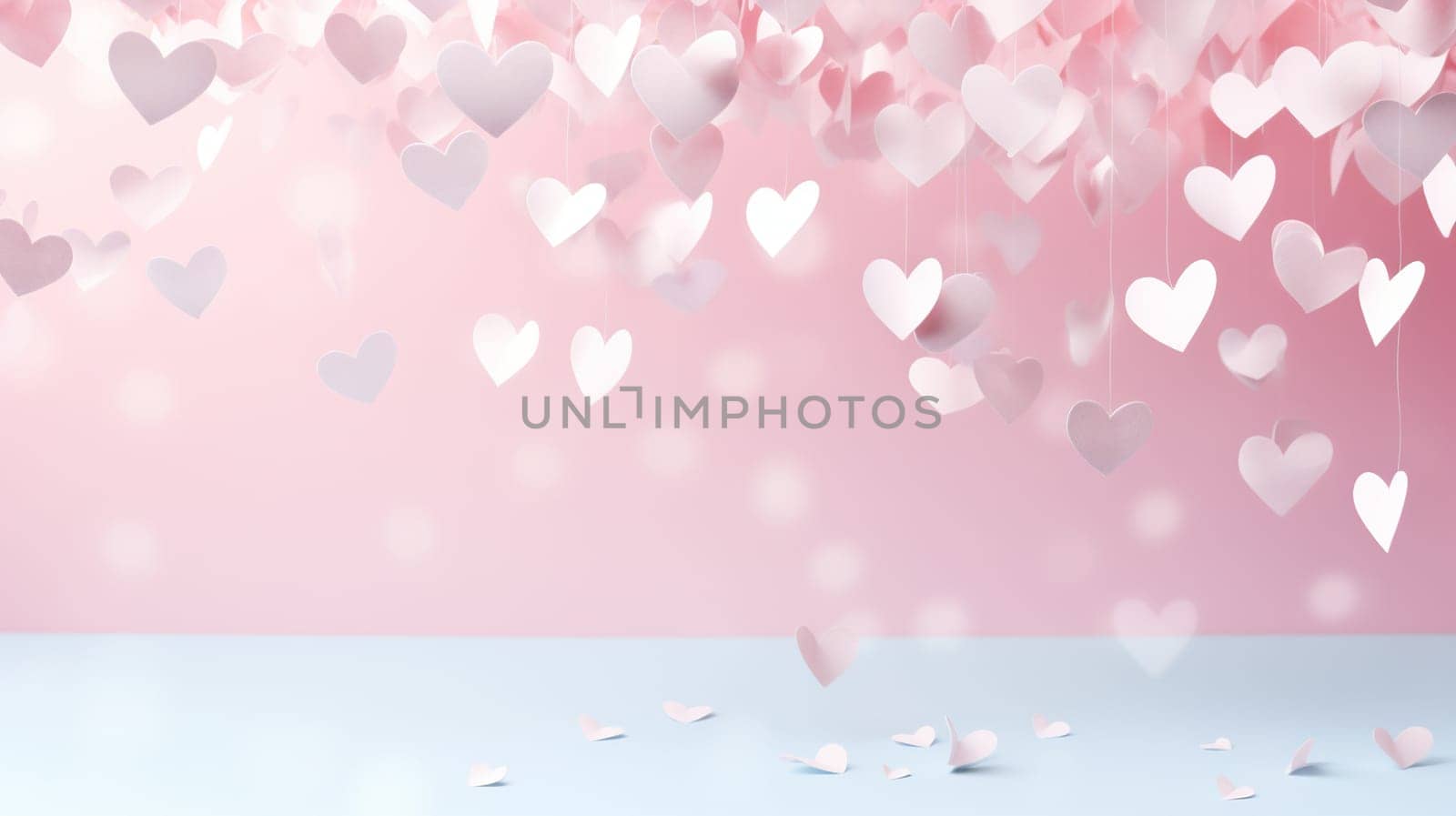 Paper hearts hang on threads on a pink background. Generated by artificial intelligence by Vovmar