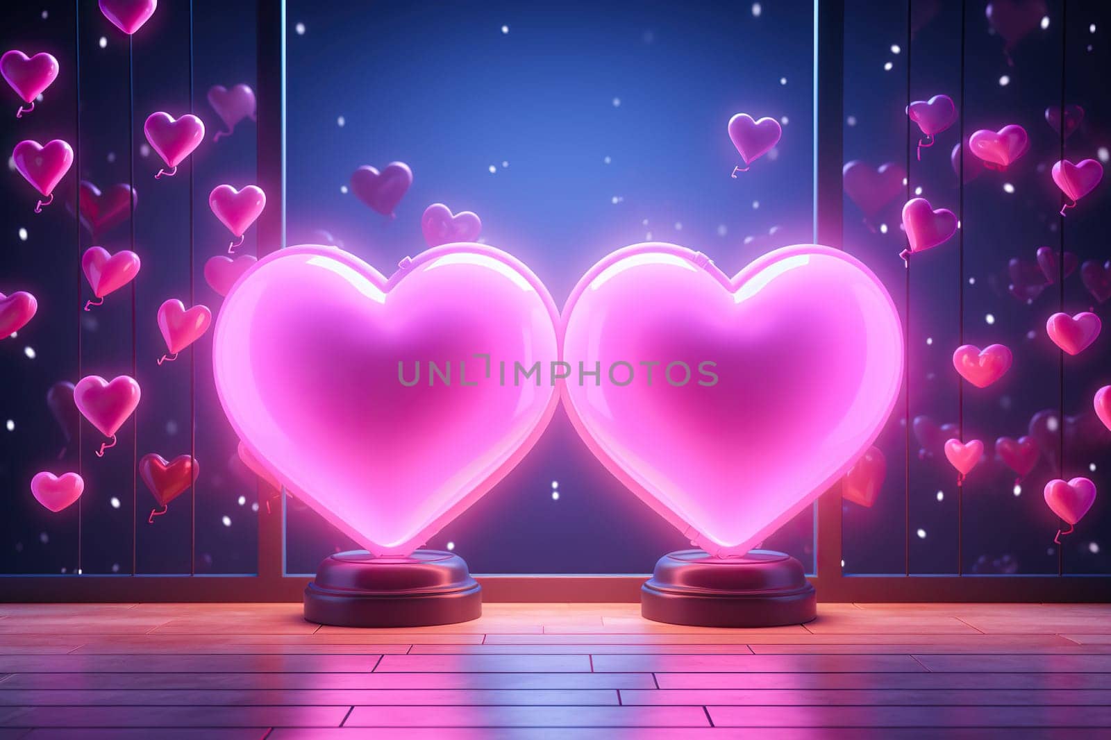 Two large pink hearts with a neon glow on a blue background. Valentine's Day concept.