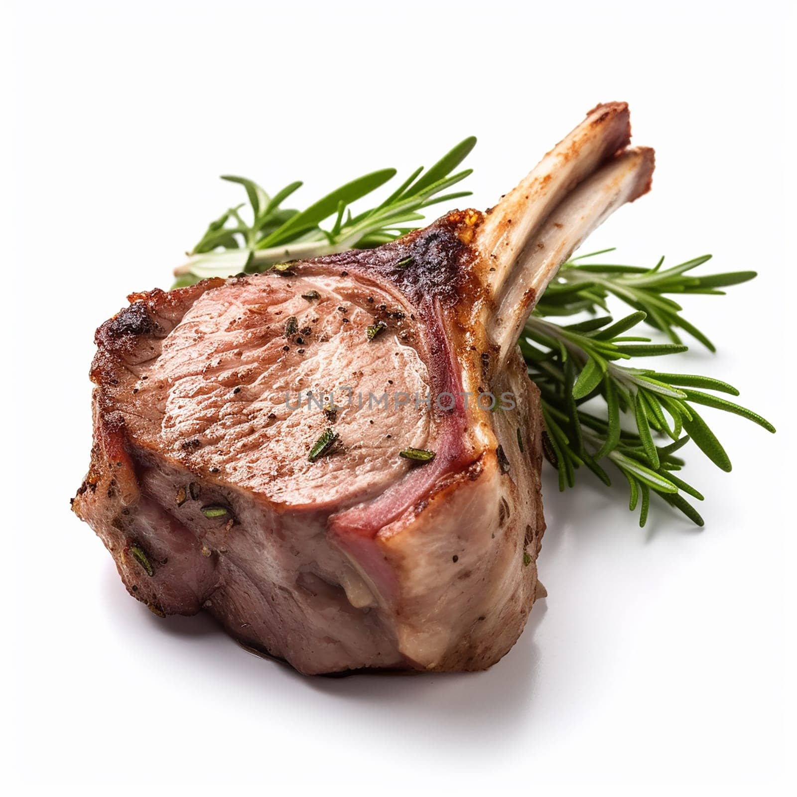 Grilled rack of lamb with rosemary on white.
