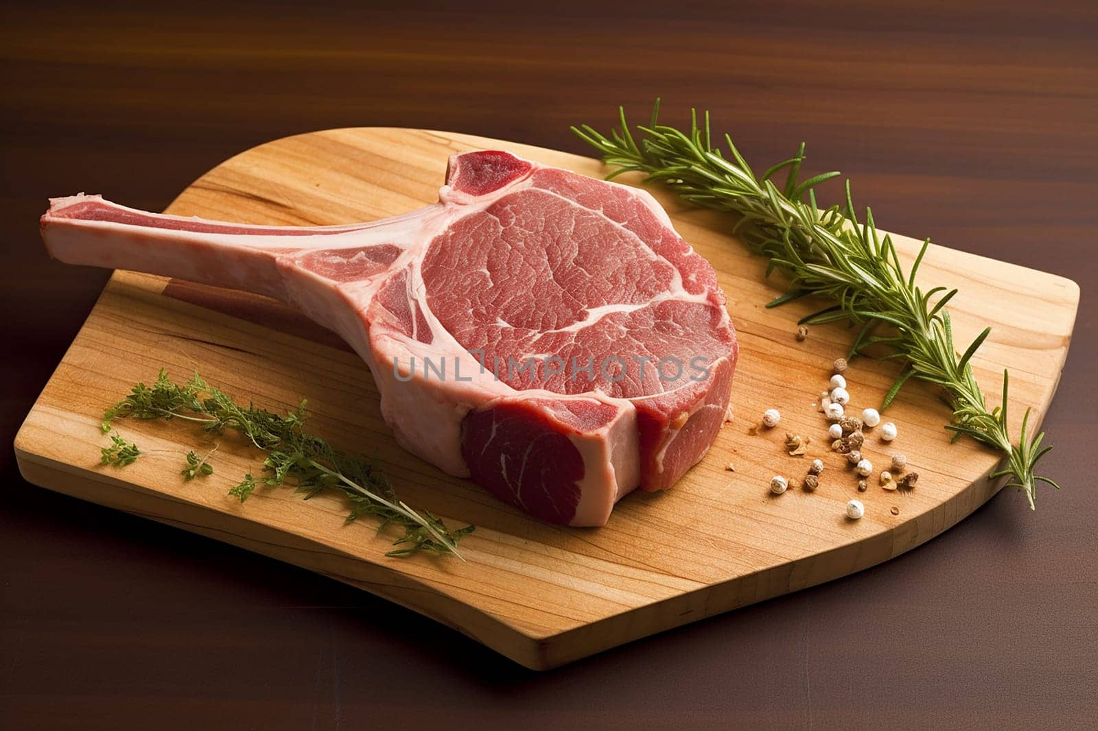 Raw T-bone steak on a wooden board with herbs and spices.