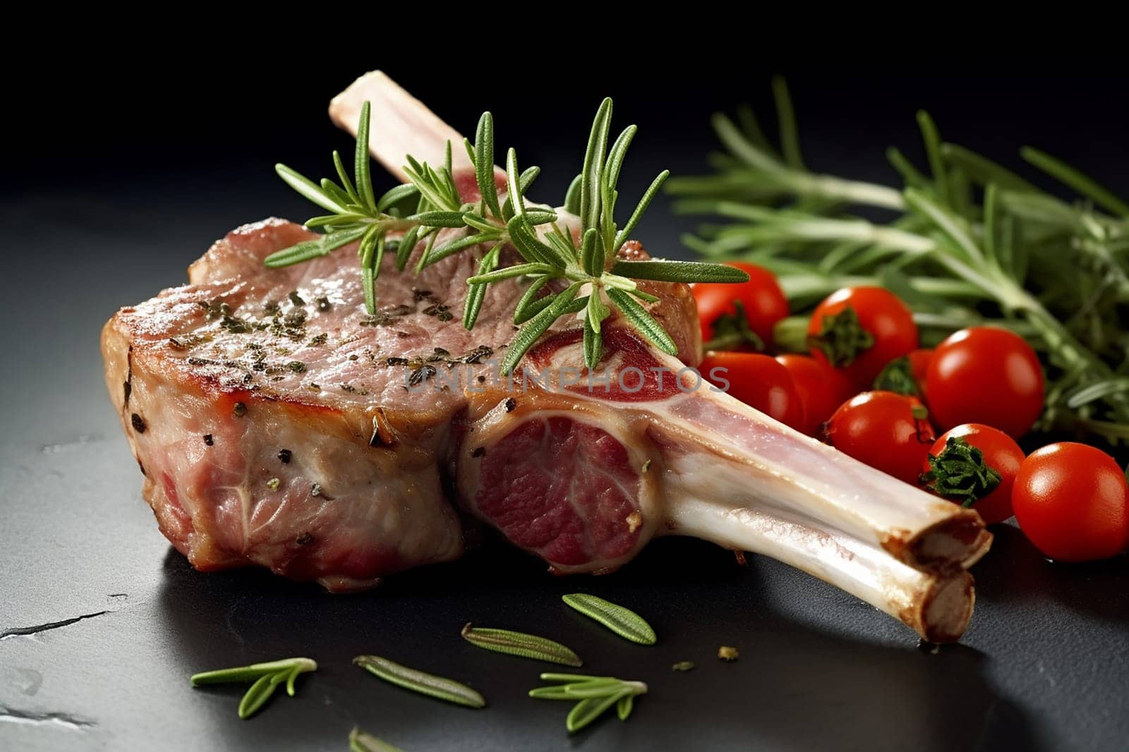 Grilled lamb chop with fresh rosemary and cherry tomatoes on dark background.