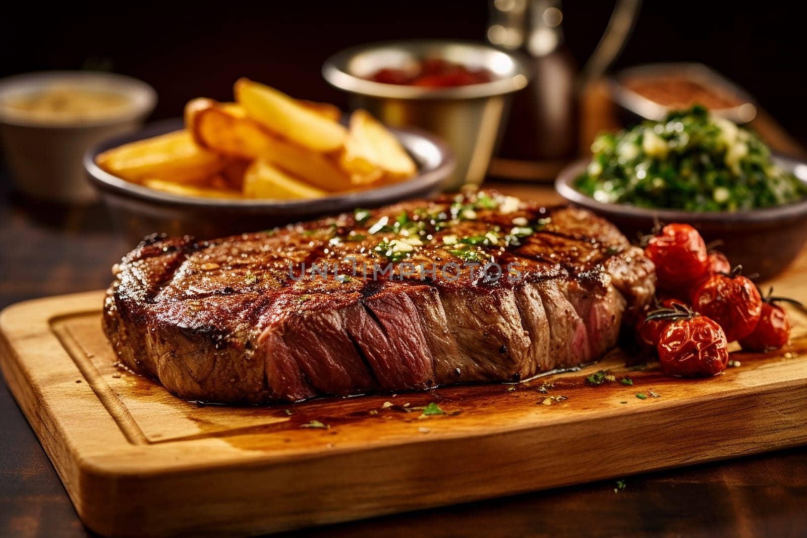 Juicy grilled steak served with fries, cherry tomatoes, and sauce.