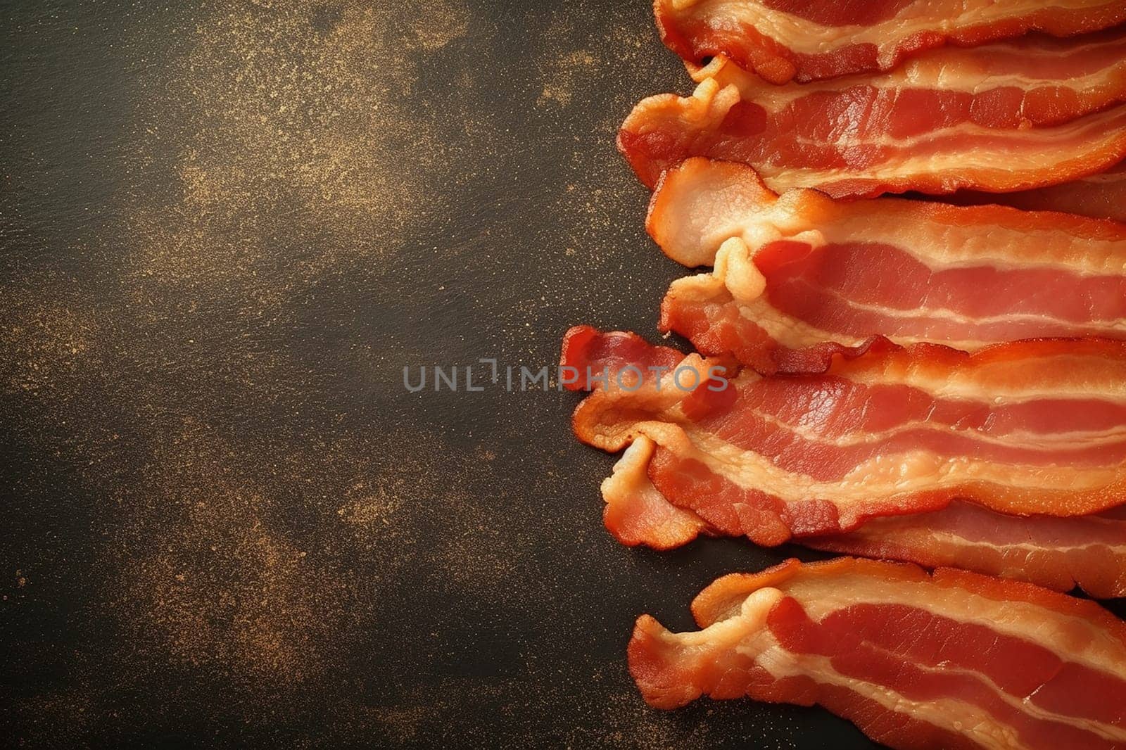 Sizzling strips of crispy bacon on a dark textured background.