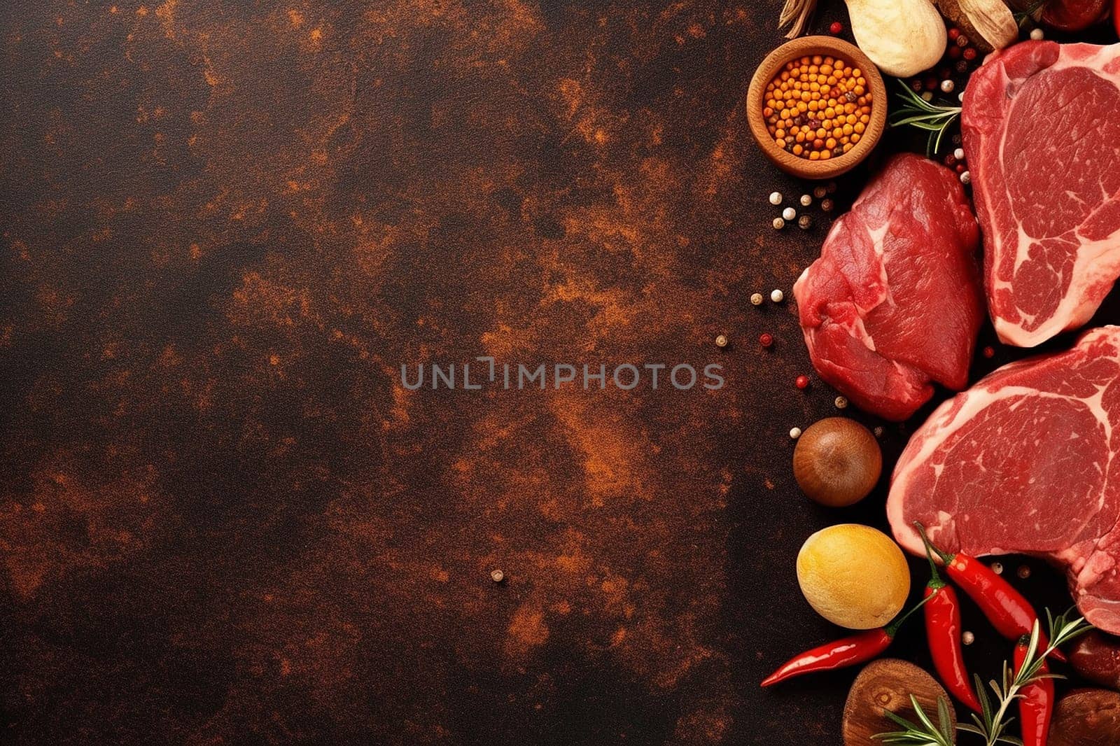 Raw steaks ready to cook with herbs and spices.