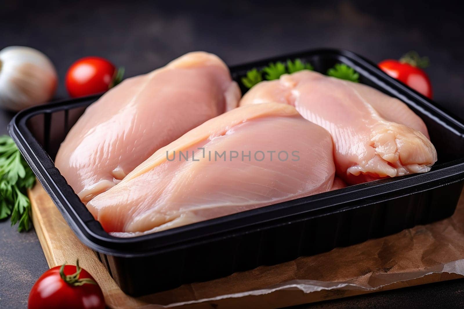 Fresh raw chicken breasts in a black tray with vegetables around.