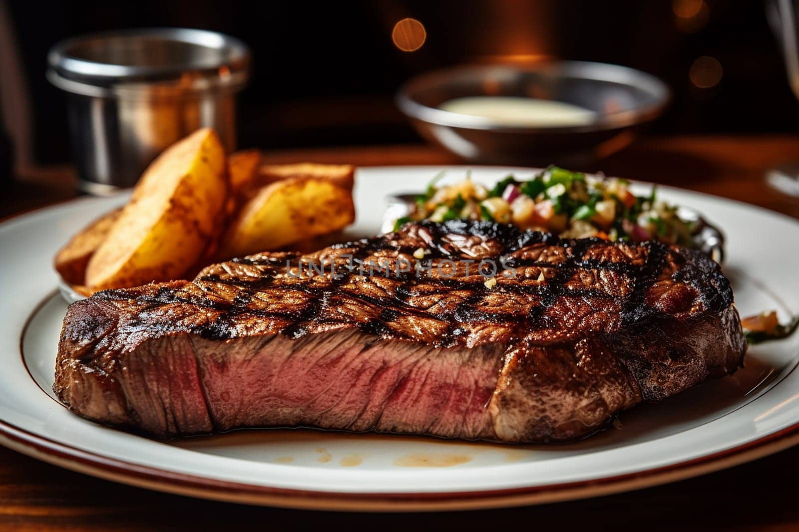 Grilled steak served with sides on a plate.