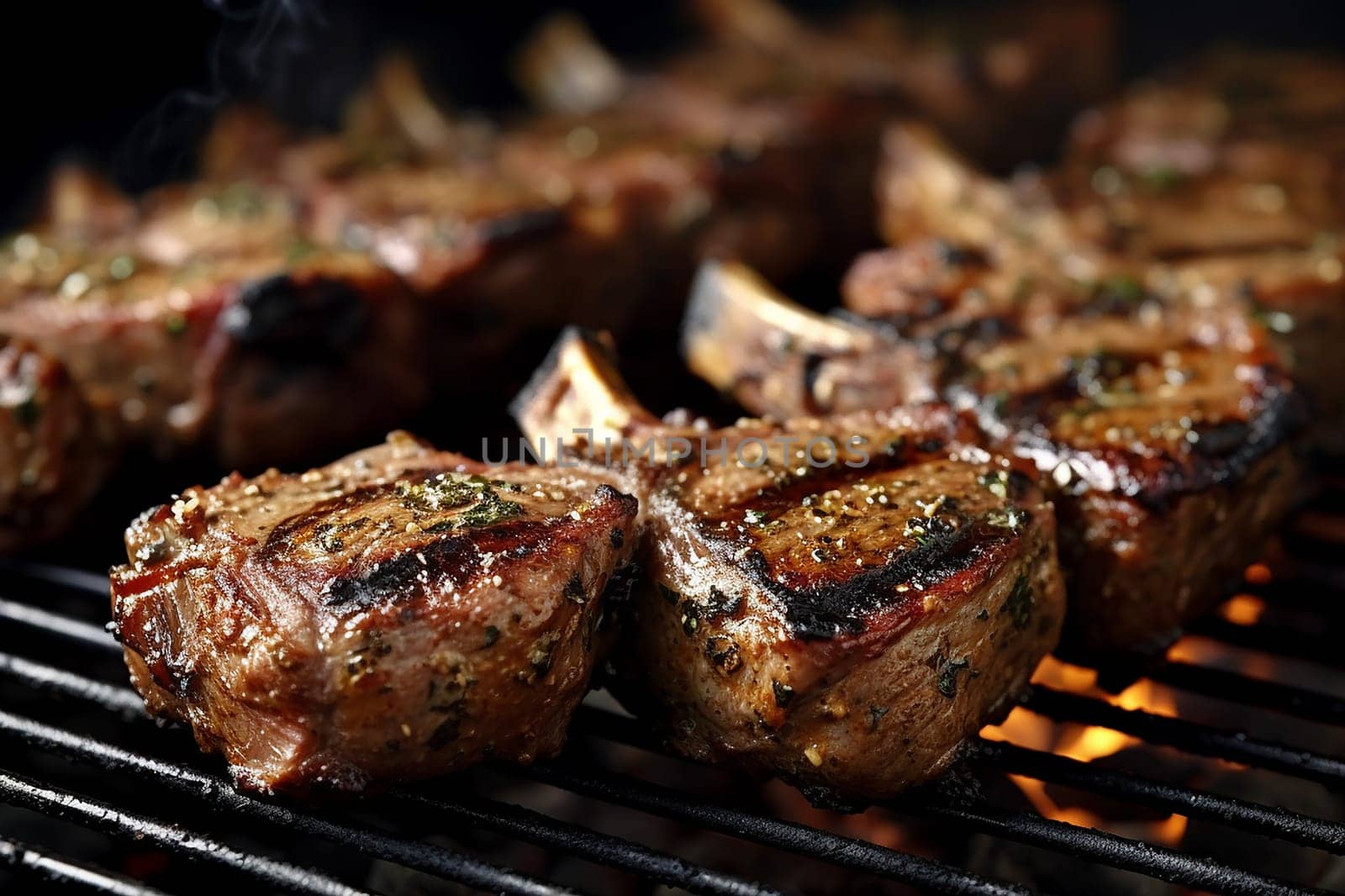 Juicy grilled steak with herbs sizzling over a barbecue.