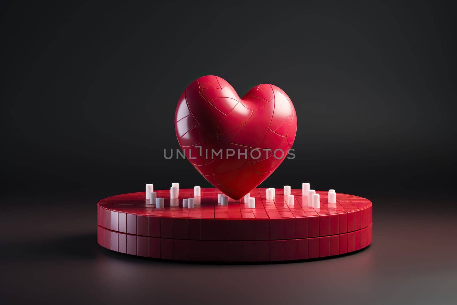 Red heart on a podium in 3D style. Generated by artificial intelligence by Vovmar