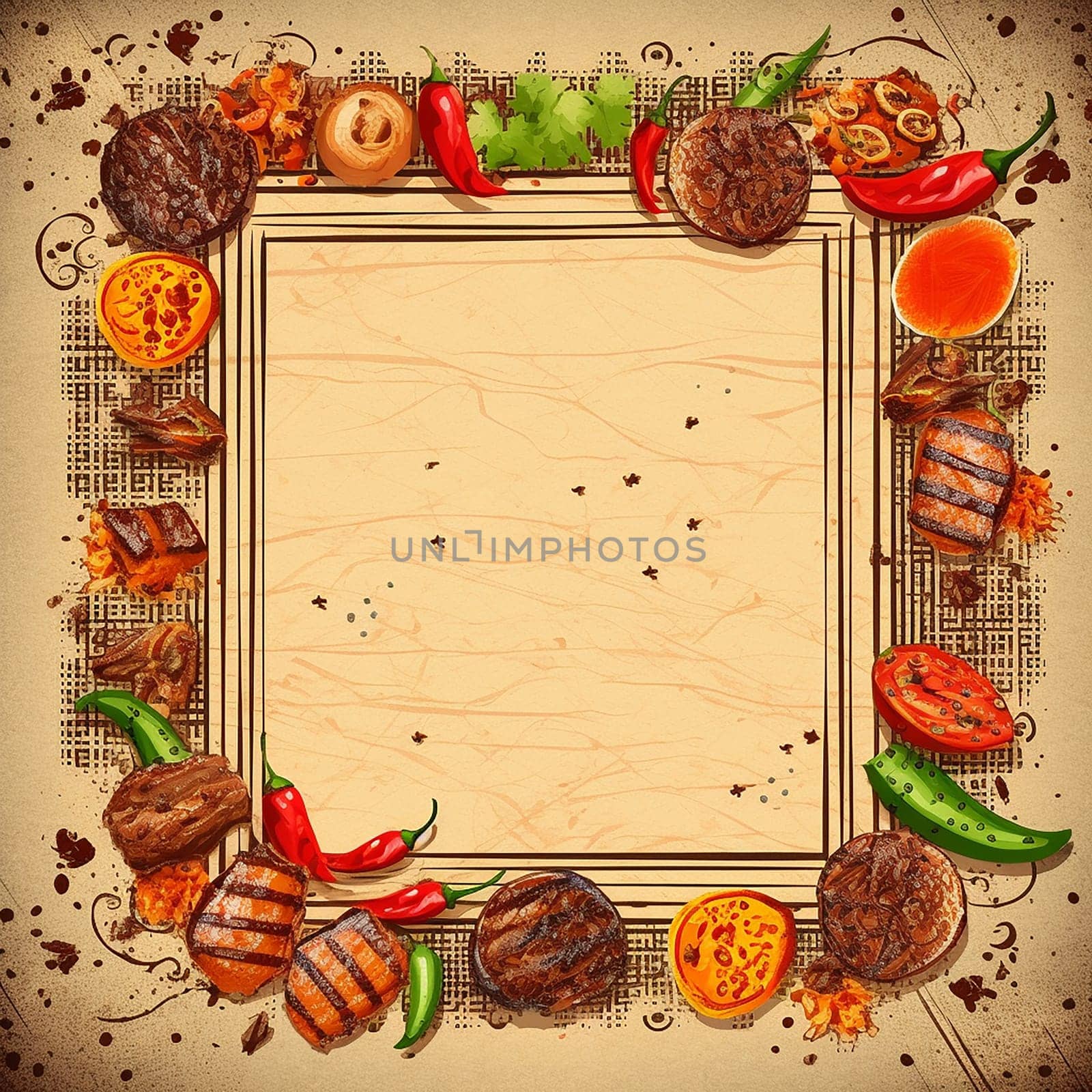 Vintage styled culinary background with various grilled meats and spices.