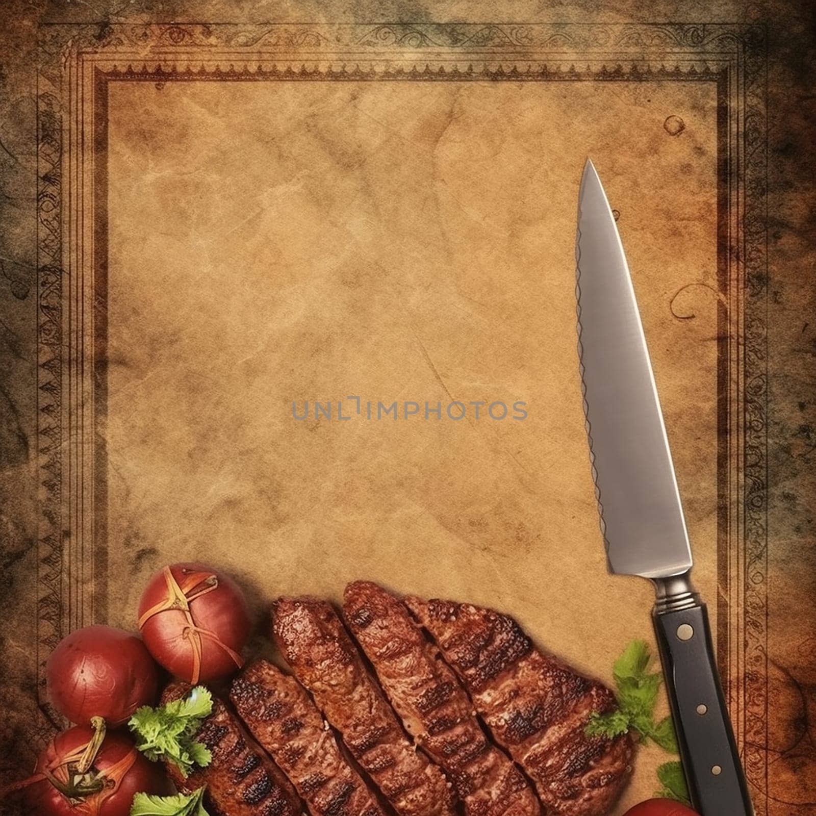 Grilled steak with knife and tomatoes on vintage background.