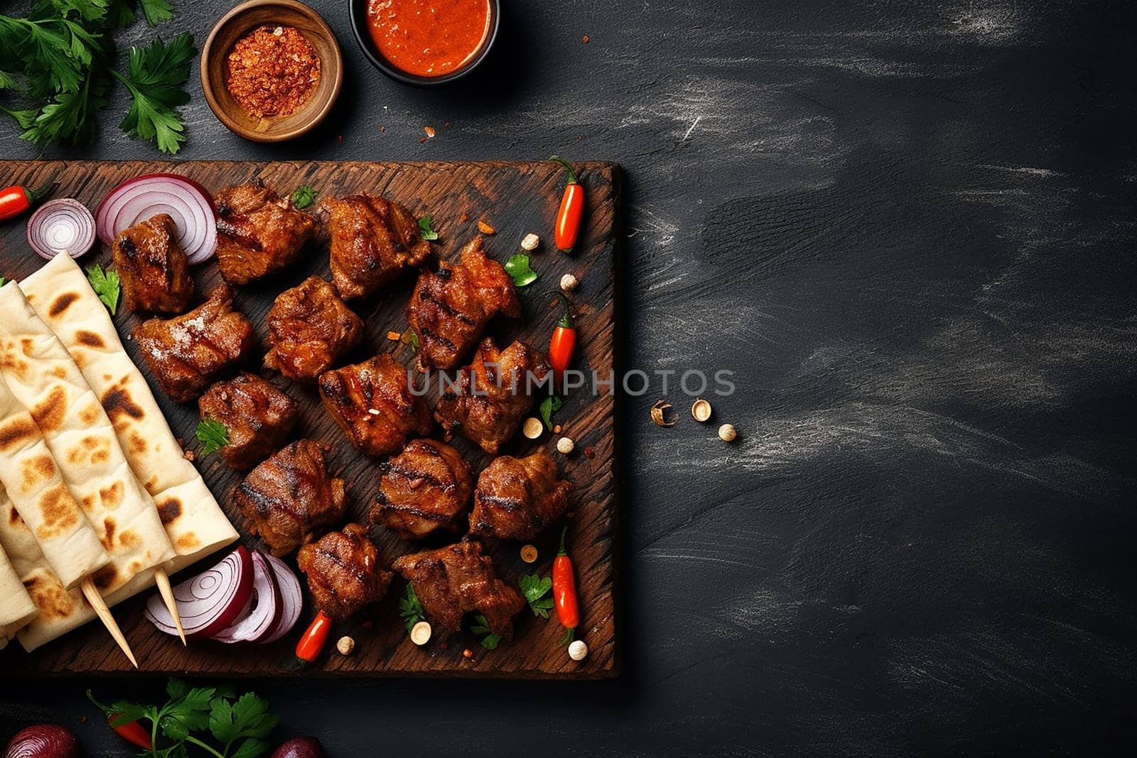 Grilled meat skewers with vegetables on wooden board