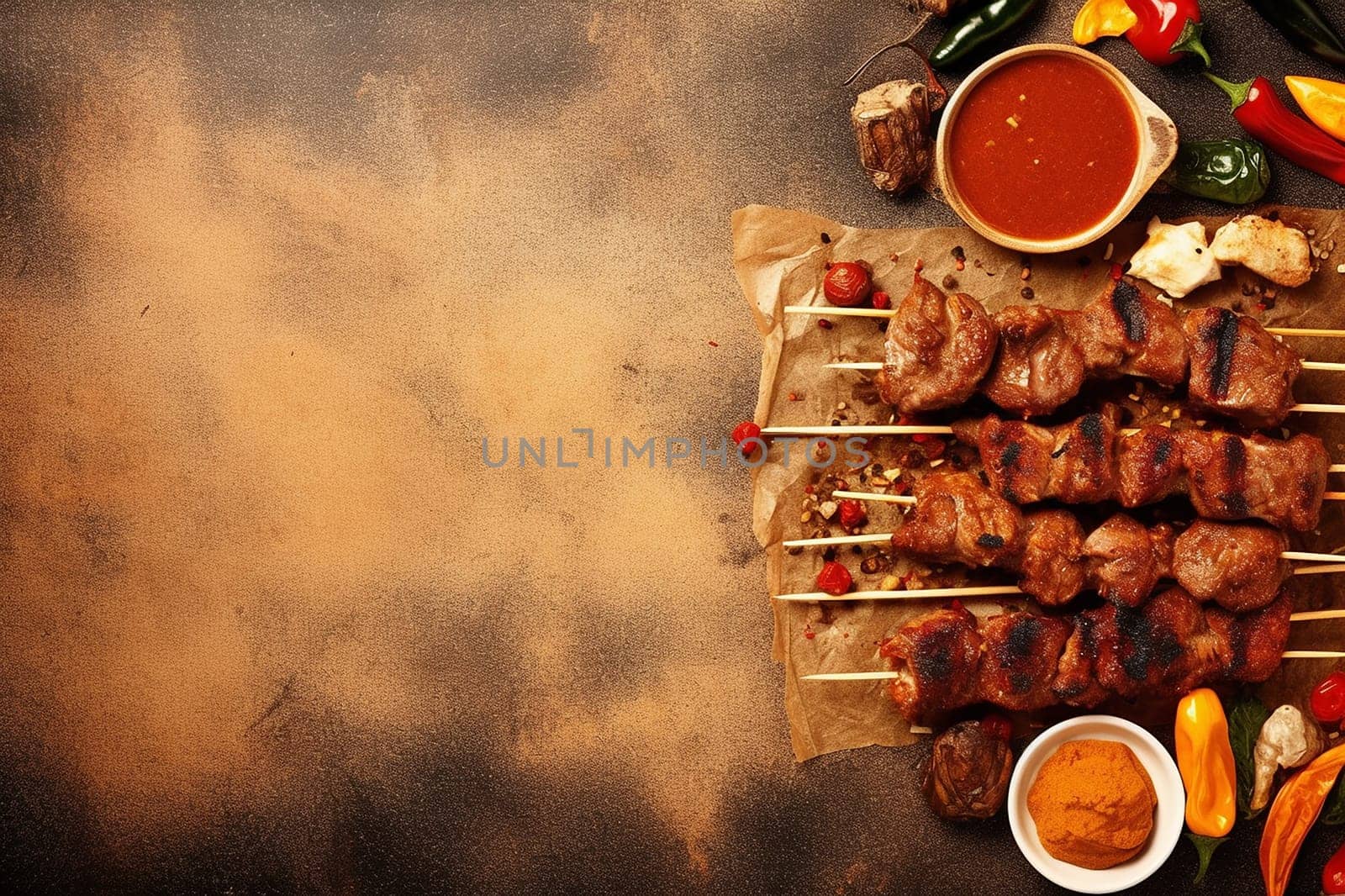 Grilled skewers and condiments on rustic background.