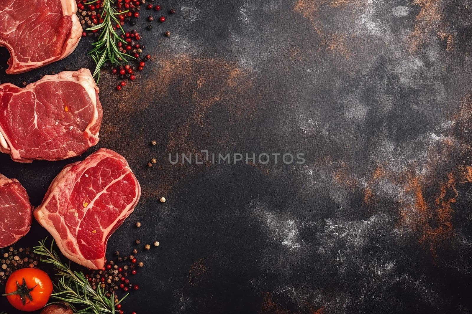 Raw steaks with herbs and spices on a dark background.