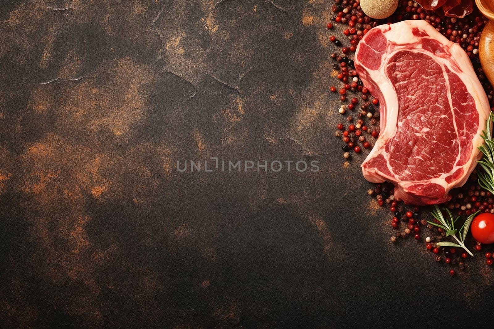 Raw steak with spices and tomatoes on a dark textured surface.