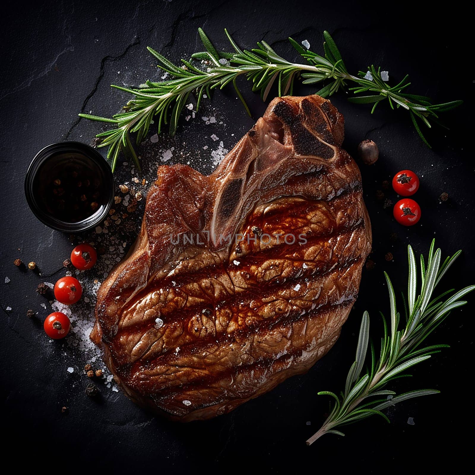 Juicy grilled steak with herbs and spices on dark background