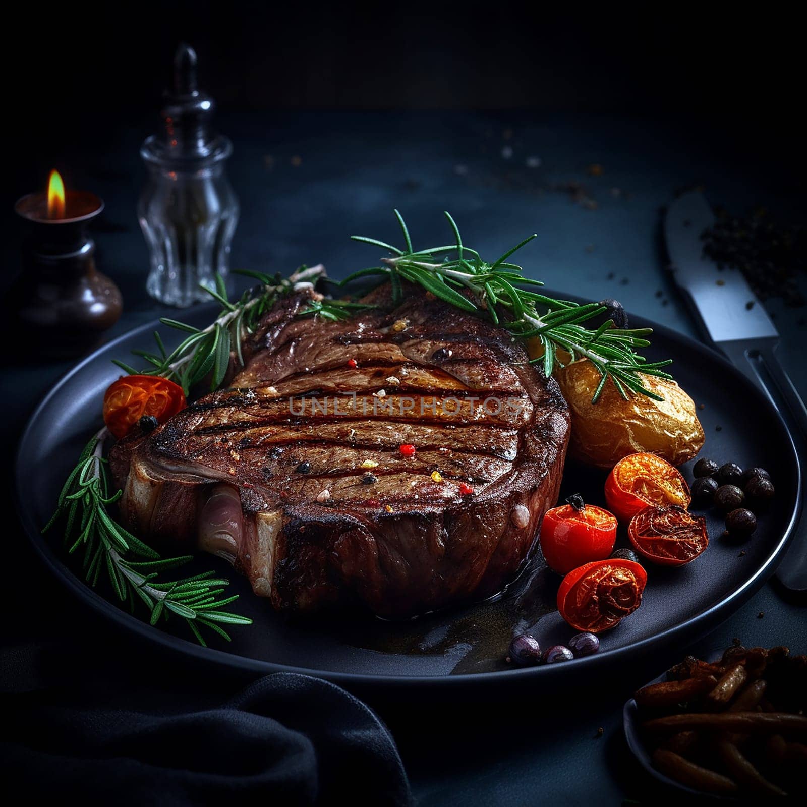 Grilled steak on plate with herbs and spices.