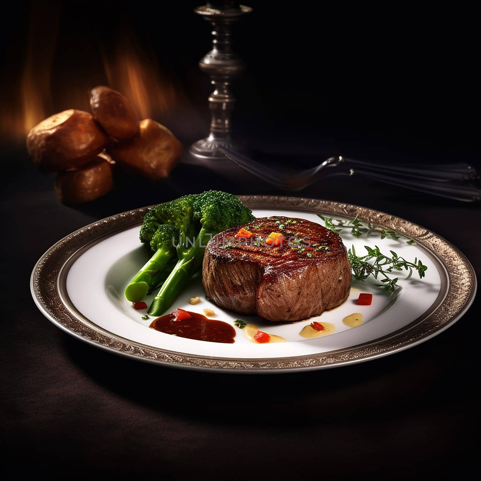 Succulent steak served with broccoli and garnish on an ornate plate, elegant presentation.