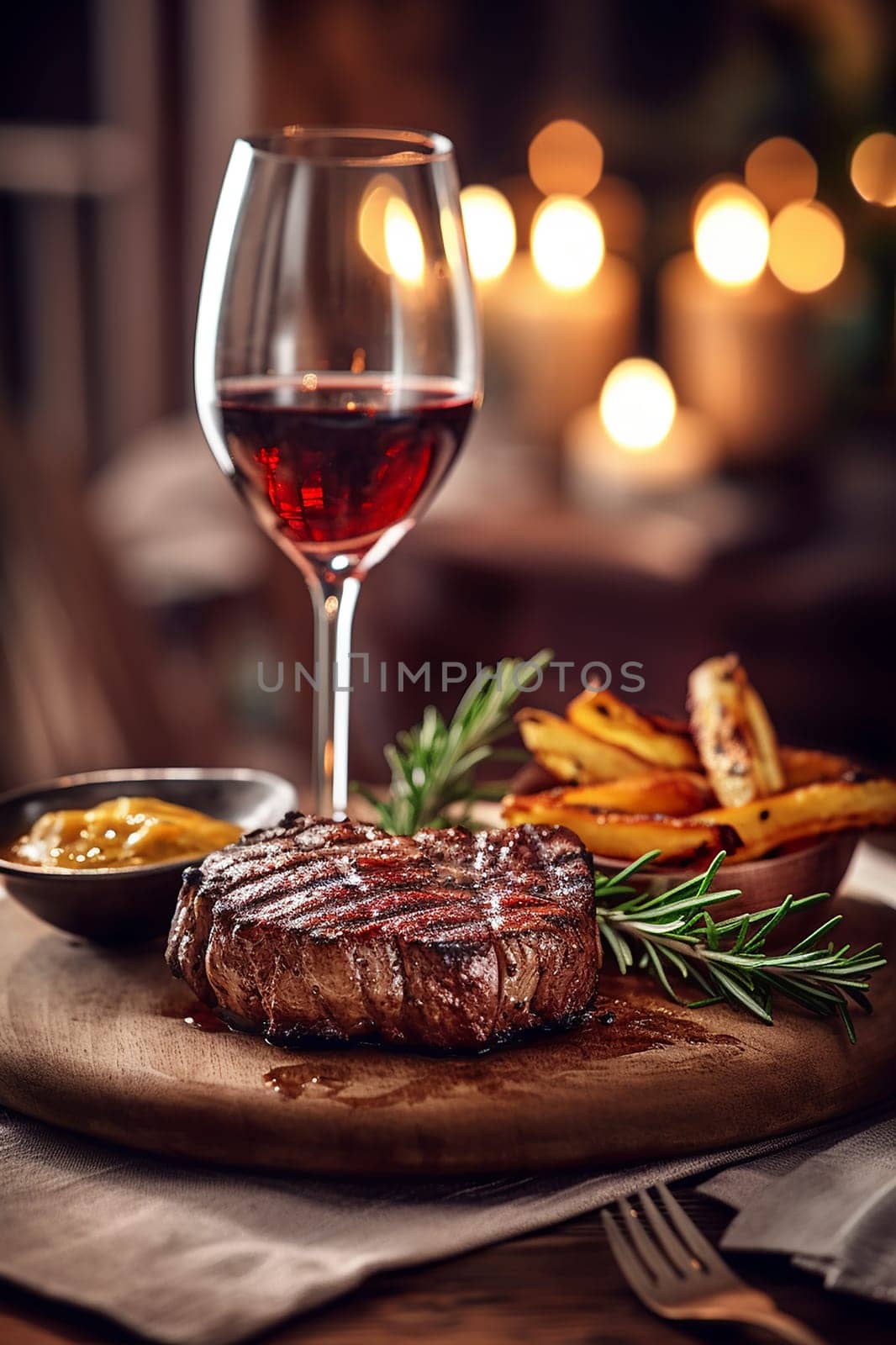 Grilled steak on wooden board with fries, sauce, and red wine.